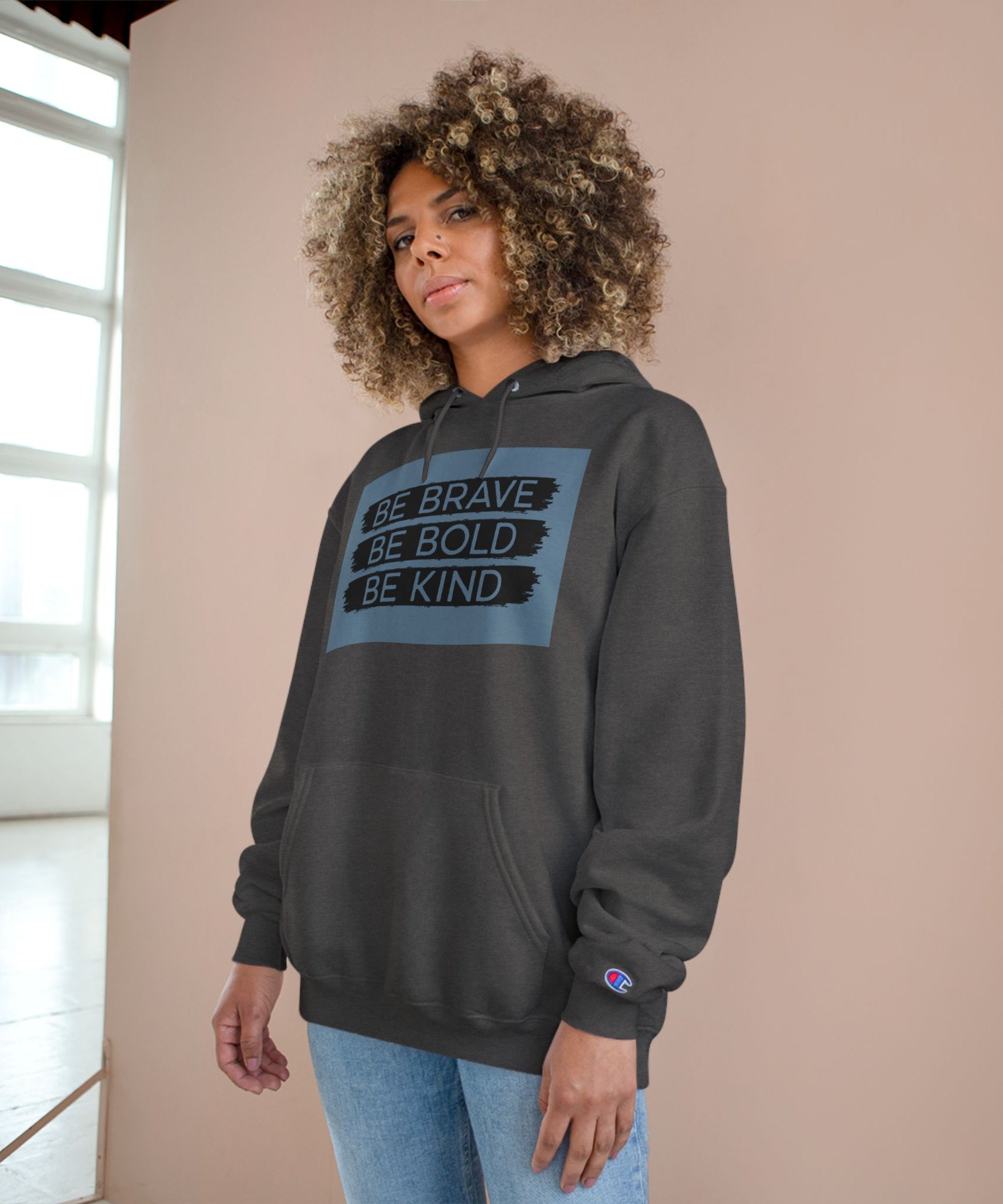 Champion Hoodie - Bold, Brave, Kind Minimalist Hand Sign Print