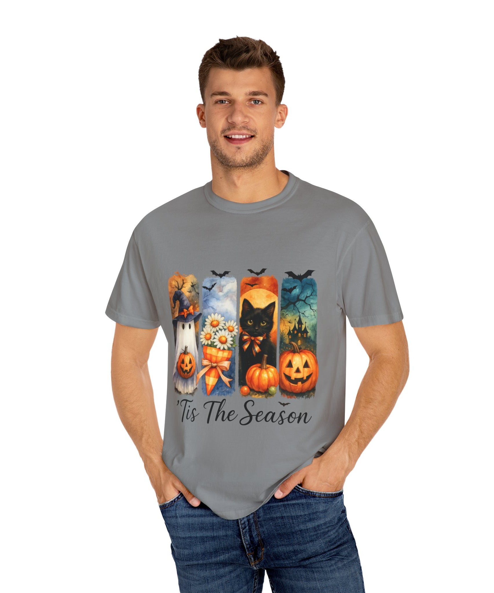 Whimsical Halloween T-Shirt – Ghost, Black Cat, Pumpkins & Haunted House Design - Gallory Hive