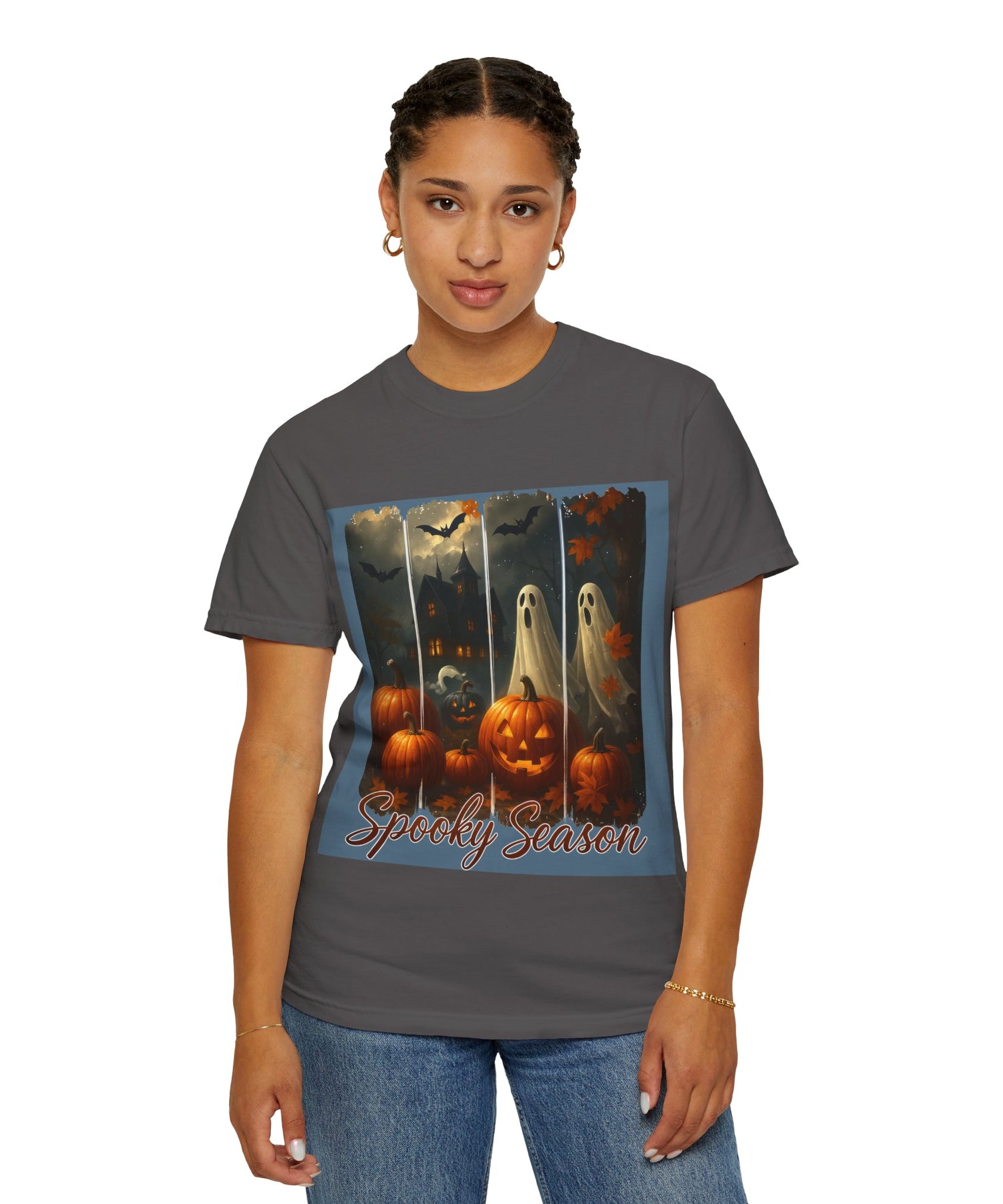 Spooky Season Unisex Halloween T-Shirt – Haunted House, Pumpkins & Ghosts Fall Design - Gallory Hive