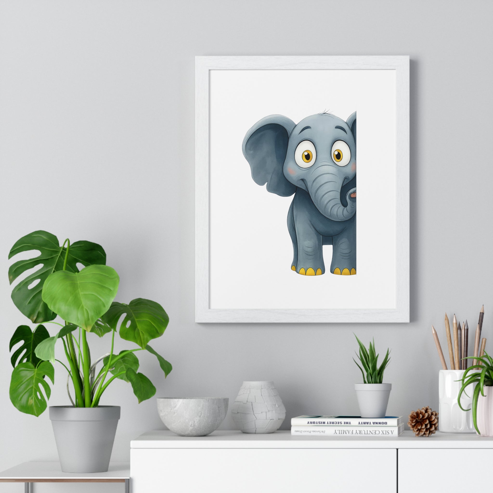 Peekaboo Cartoon Elephant Wall Art – Wooden Frame Decor for Kids' Room