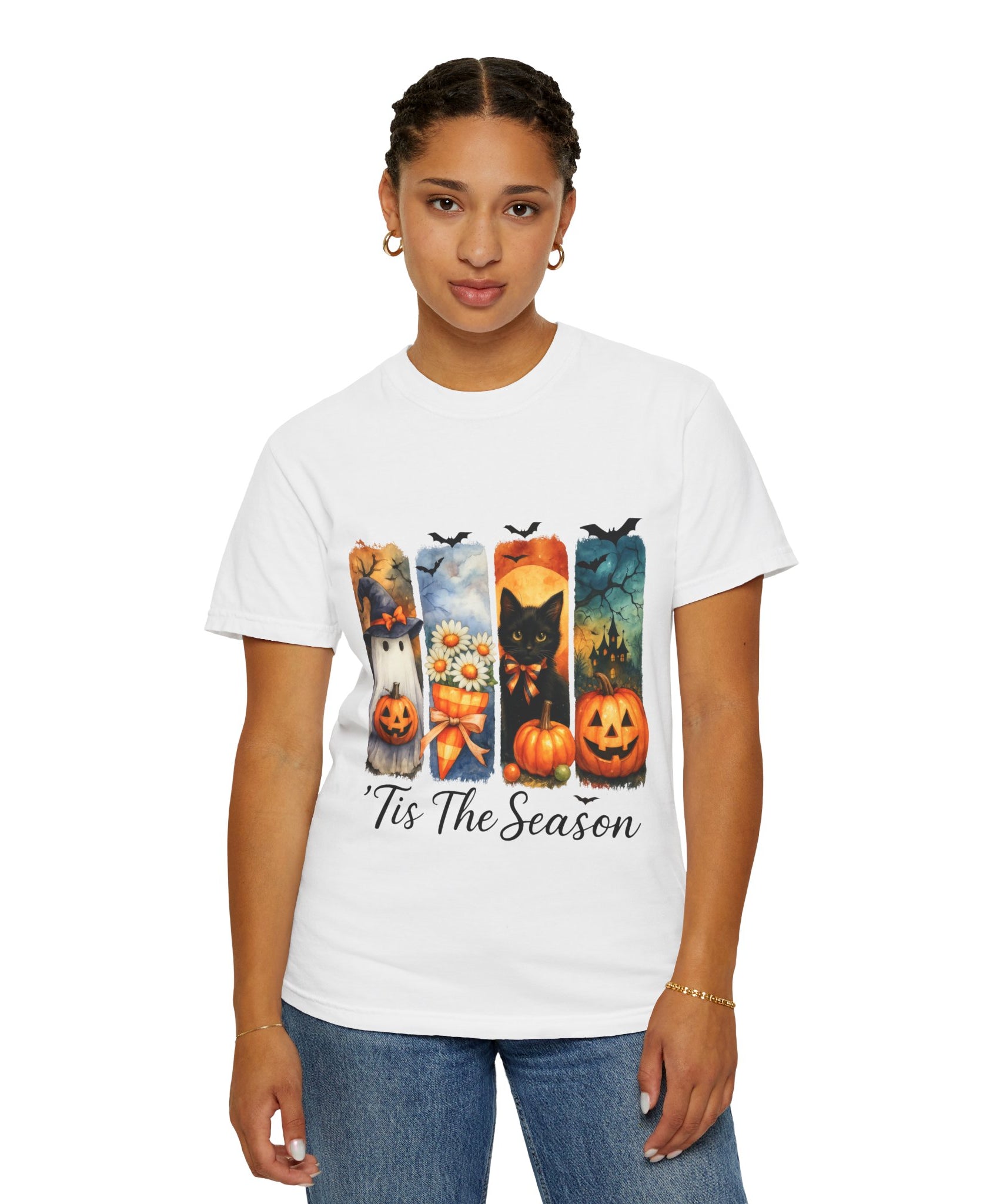 Whimsical Halloween T-Shirt – Ghost, Black Cat, Pumpkins & Haunted House Design - Gallory Hive