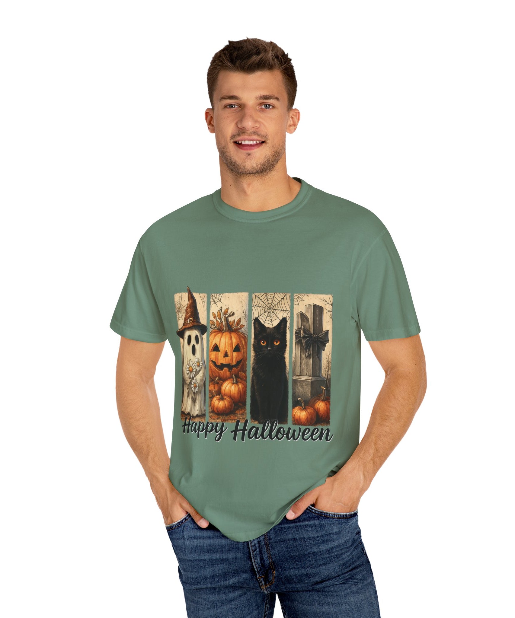 Happy Halloween Unisex T-Shirt – Ghost, Black Cat & Pumpkin Graphic Tee - Gallory Hive