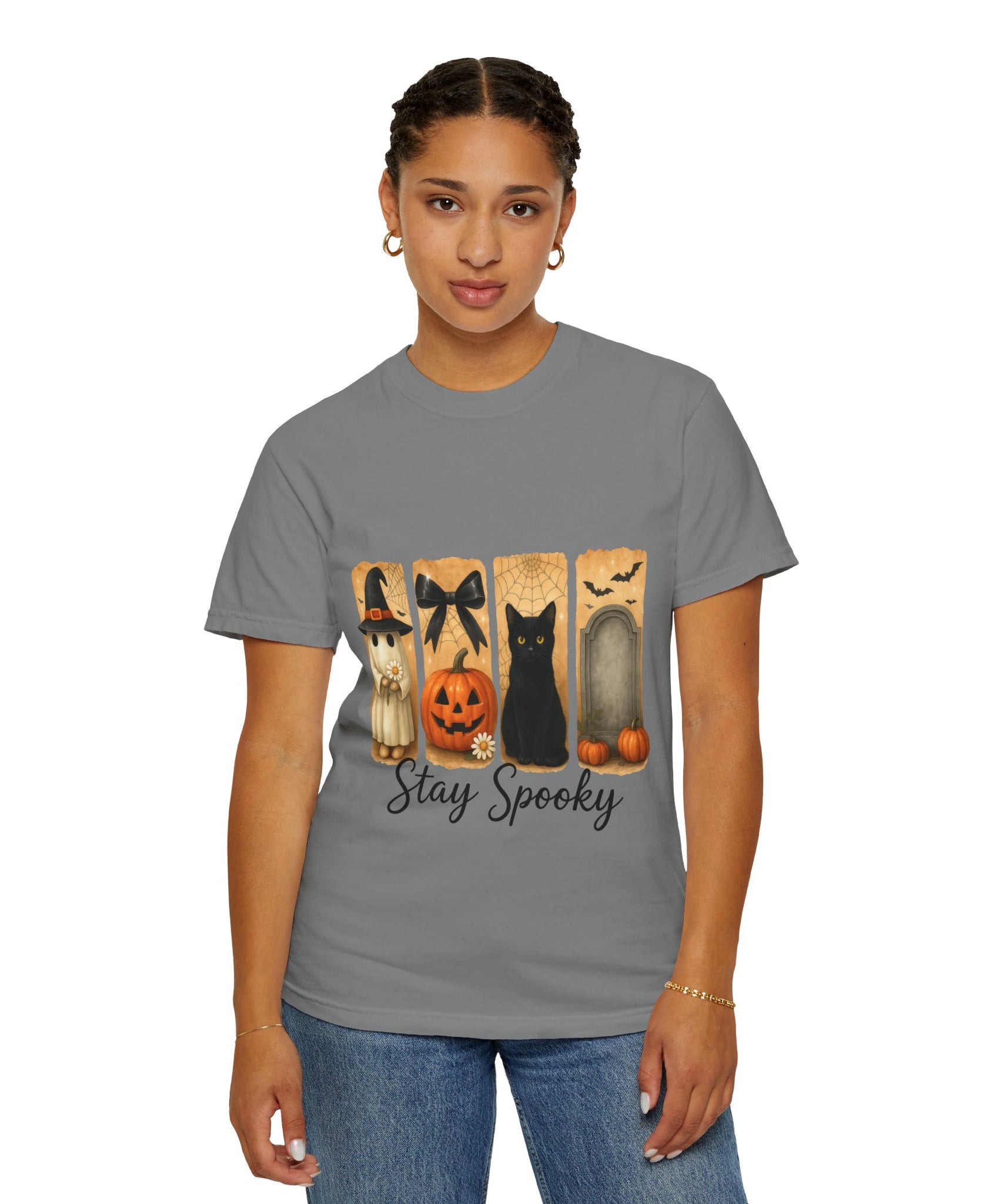 Cute Halloween T-Shirt – Ghost in Witch Hat, Pumpkin, Black Cat & Tombstone Design - Gallory Hive