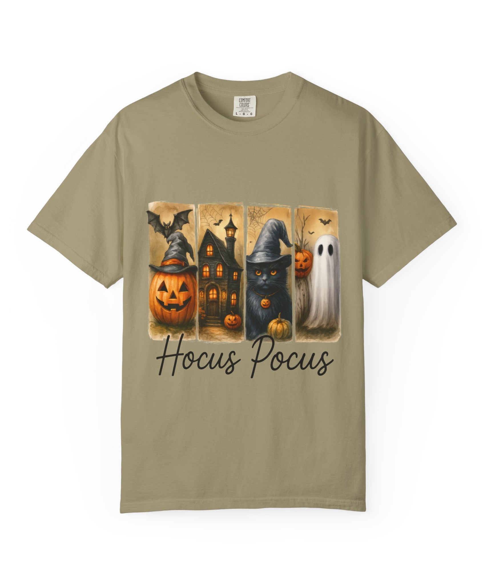 Hocus Pocus Halloween Unisex T-Shirt – Witchy Cat, Haunted House, Pumpkin & Ghost Art - Gallory Hive