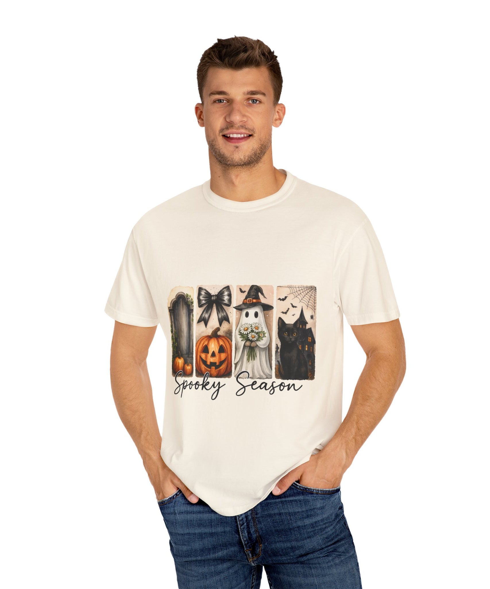 Spooky Season Unisex Halloween T-Shirt – Ghost, Black Cat, Pumpkin & Haunted House Art - Gallory Hive