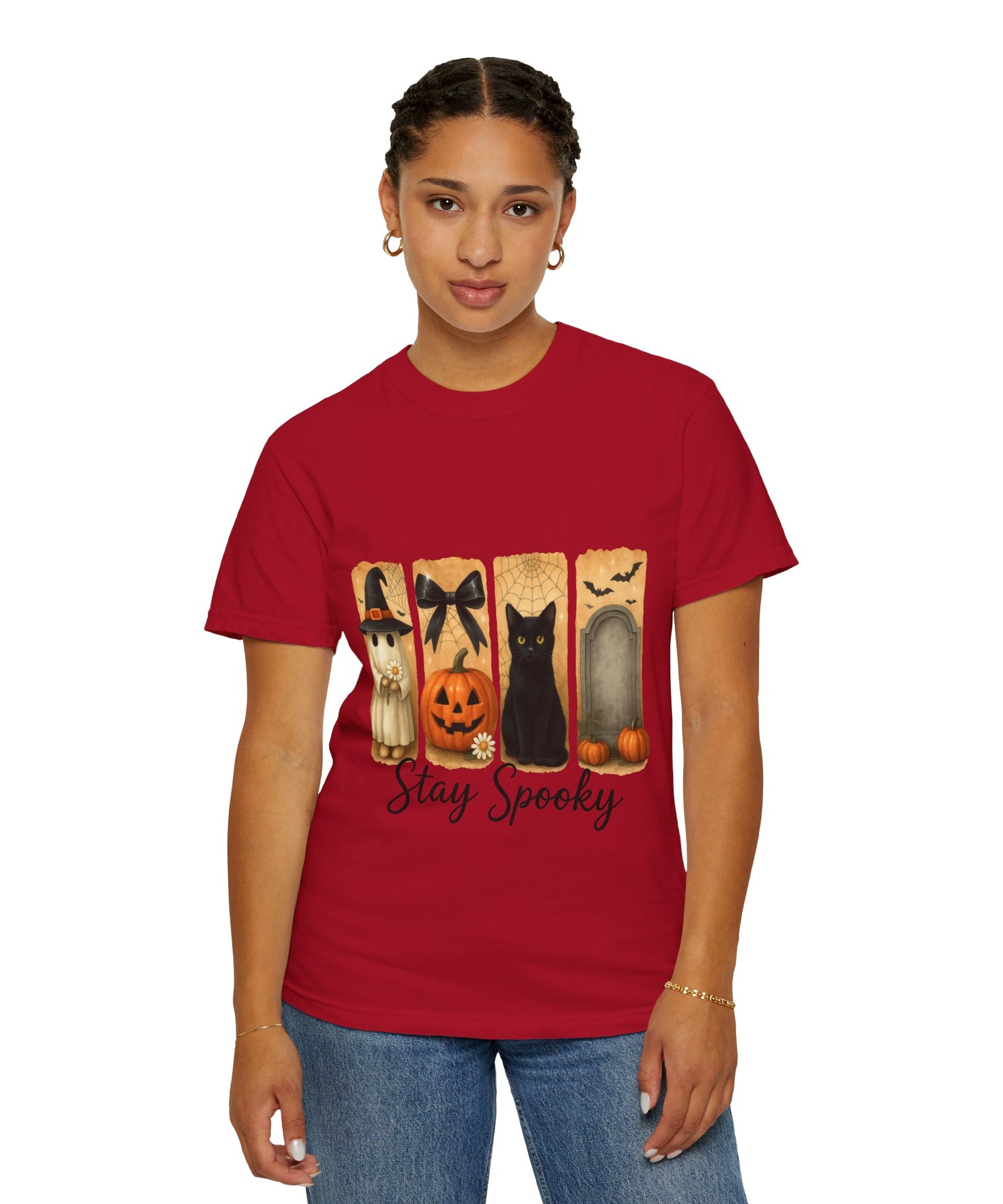 Cute Halloween T-Shirt – Ghost in Witch Hat, Pumpkin, Black Cat & Tombstone Design - Gallory Hive