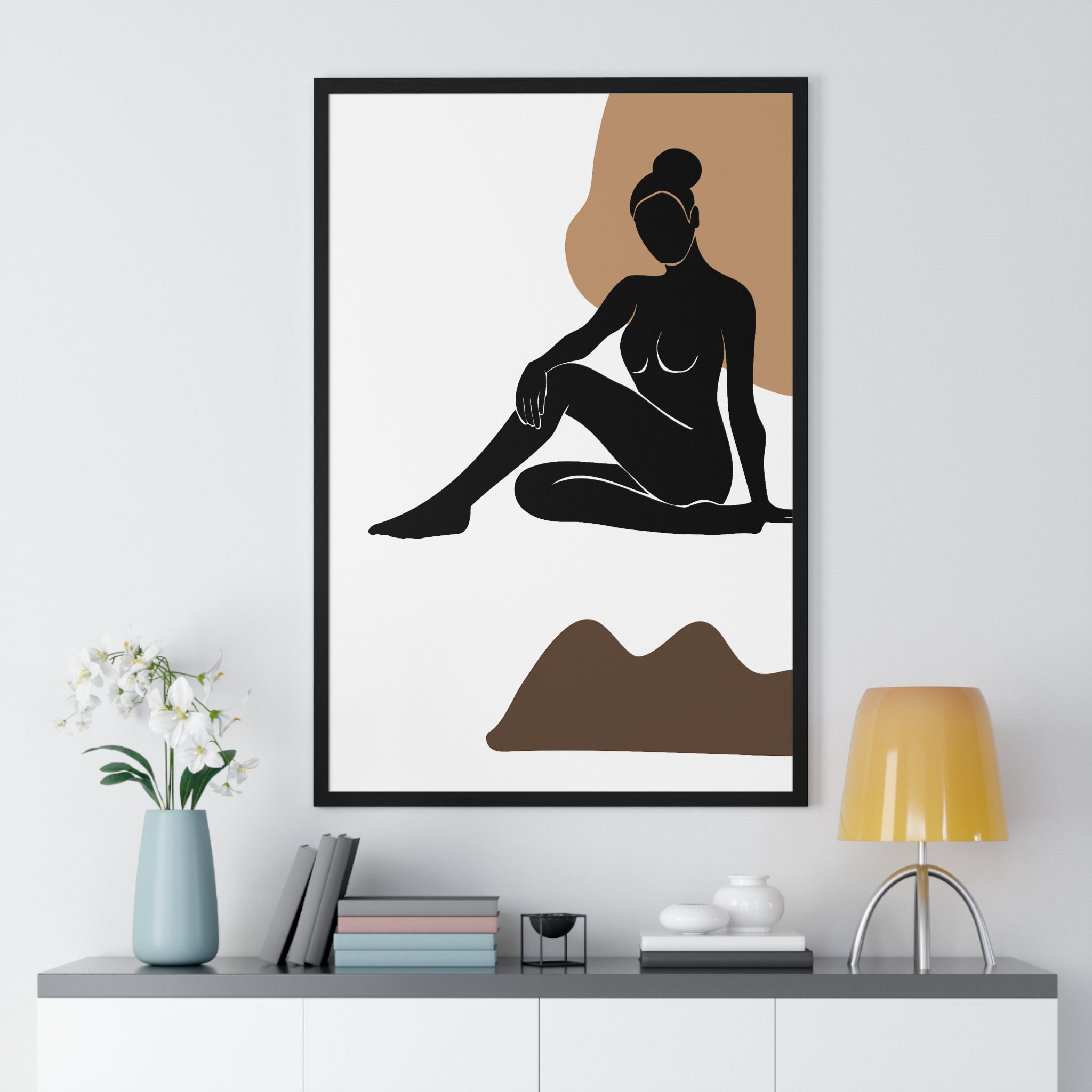 Minimalist Seated Figure Line Art – Earth Tone Print on Premium Wooden Frame