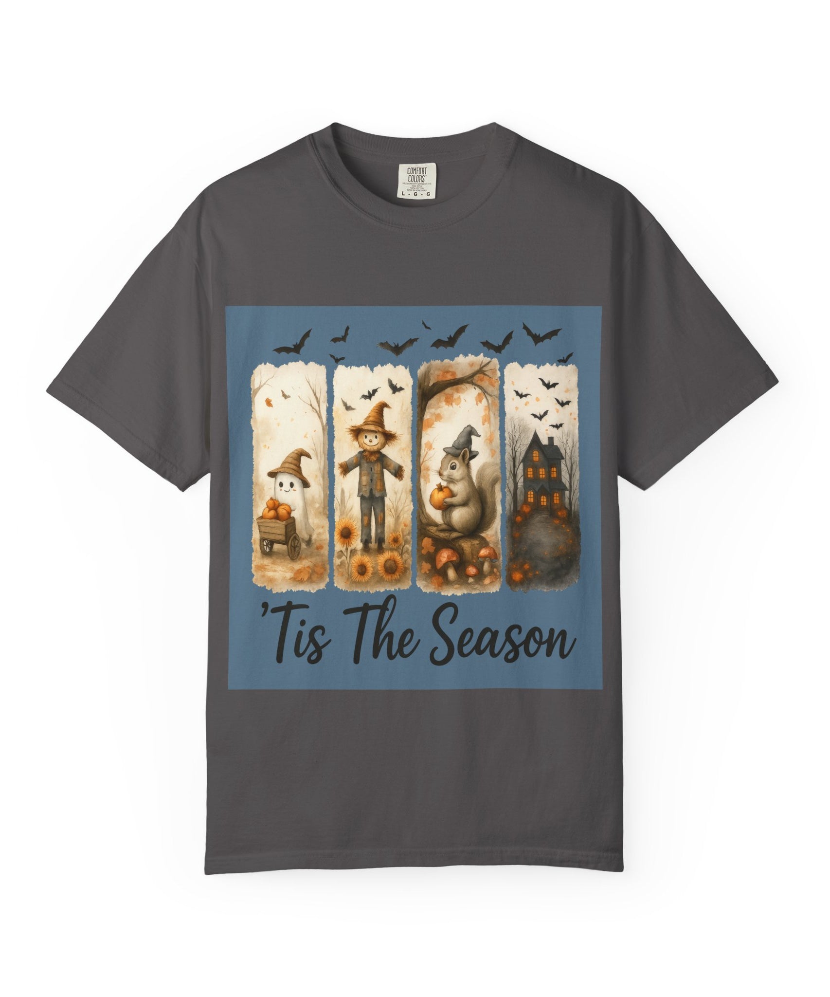Tis The Season Fall Halloween T-Shirt – Cute Ghost, Scarecrow, Squirrel & Haunted House Design - Gallory Hive