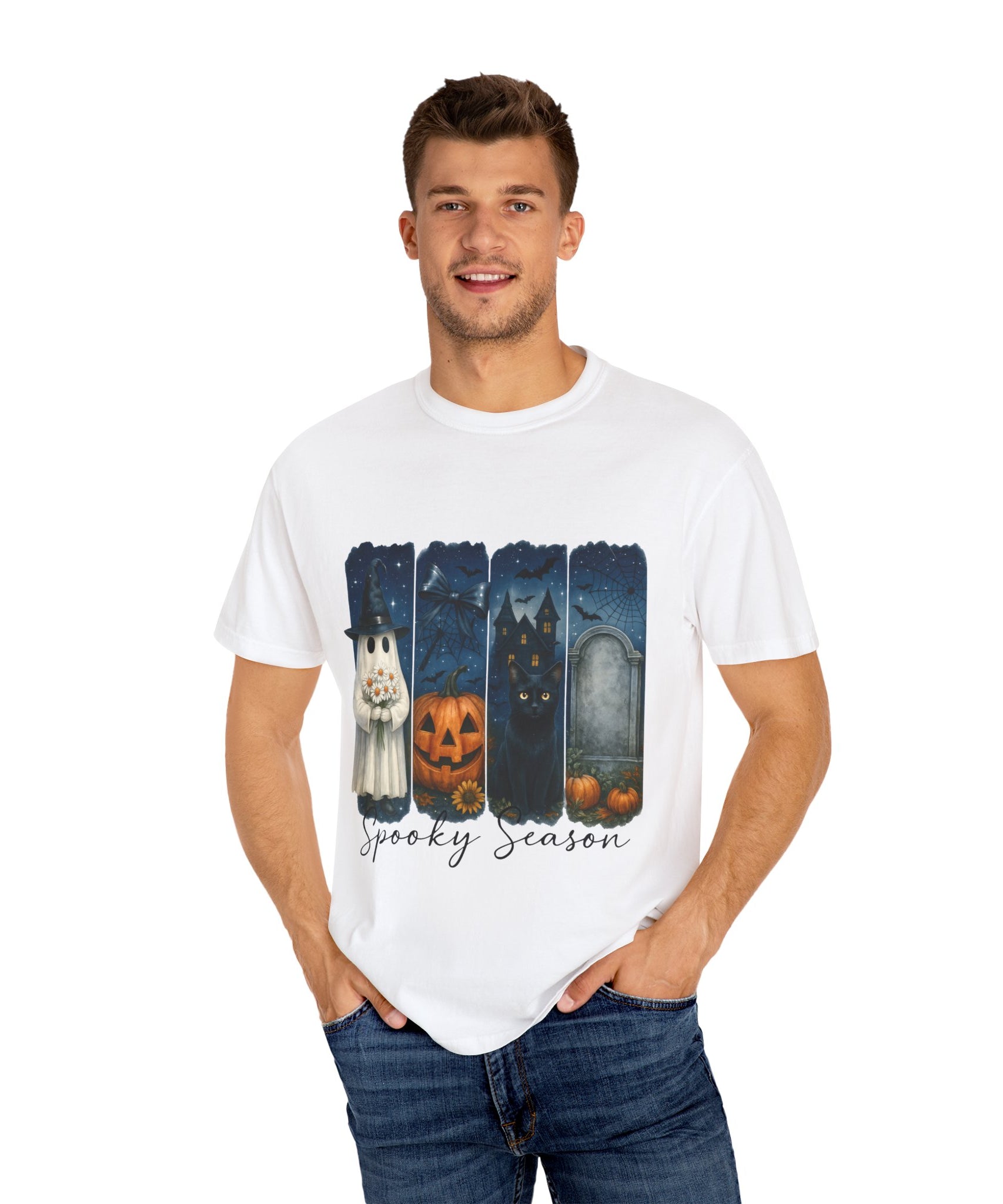 Spooky Season Halloween T-Shirt – Ghost, Black Cat, Pumpkin & Haunted House Design - Gallory Hive