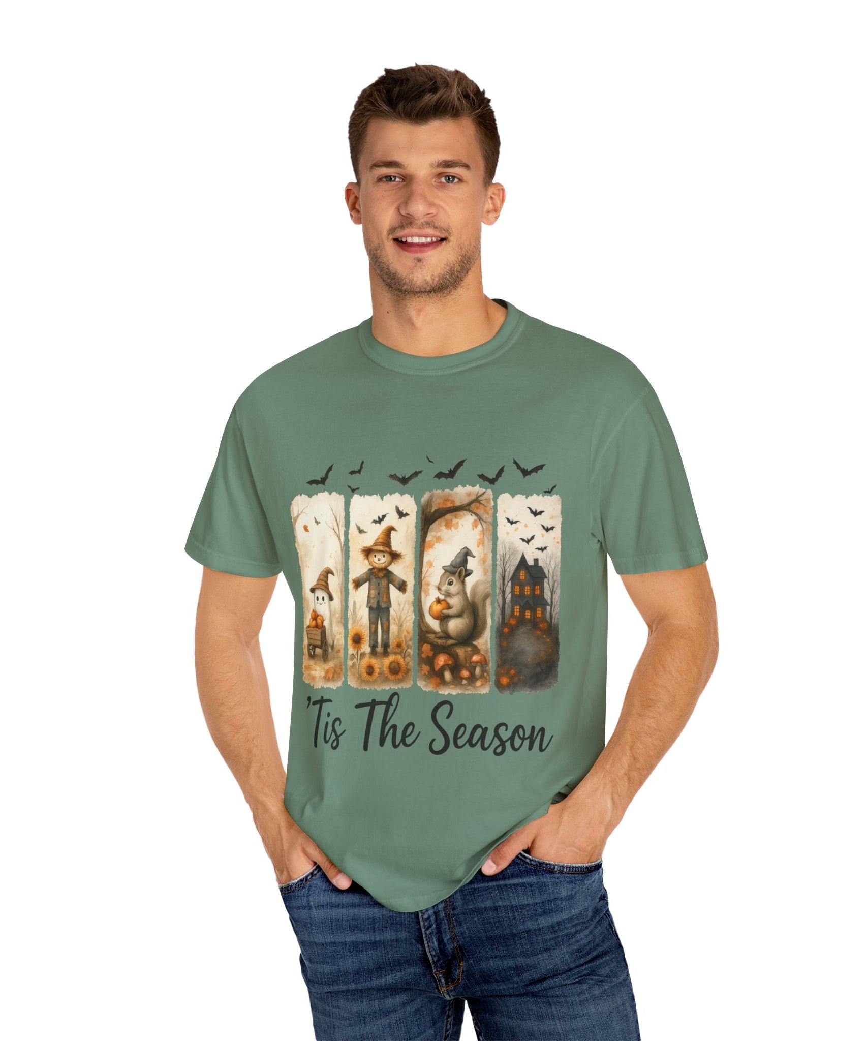 Tis The Season Fall Halloween T-Shirt – Cute Ghost, Scarecrow, Squirrel & Haunted House Design - Gallory Hive