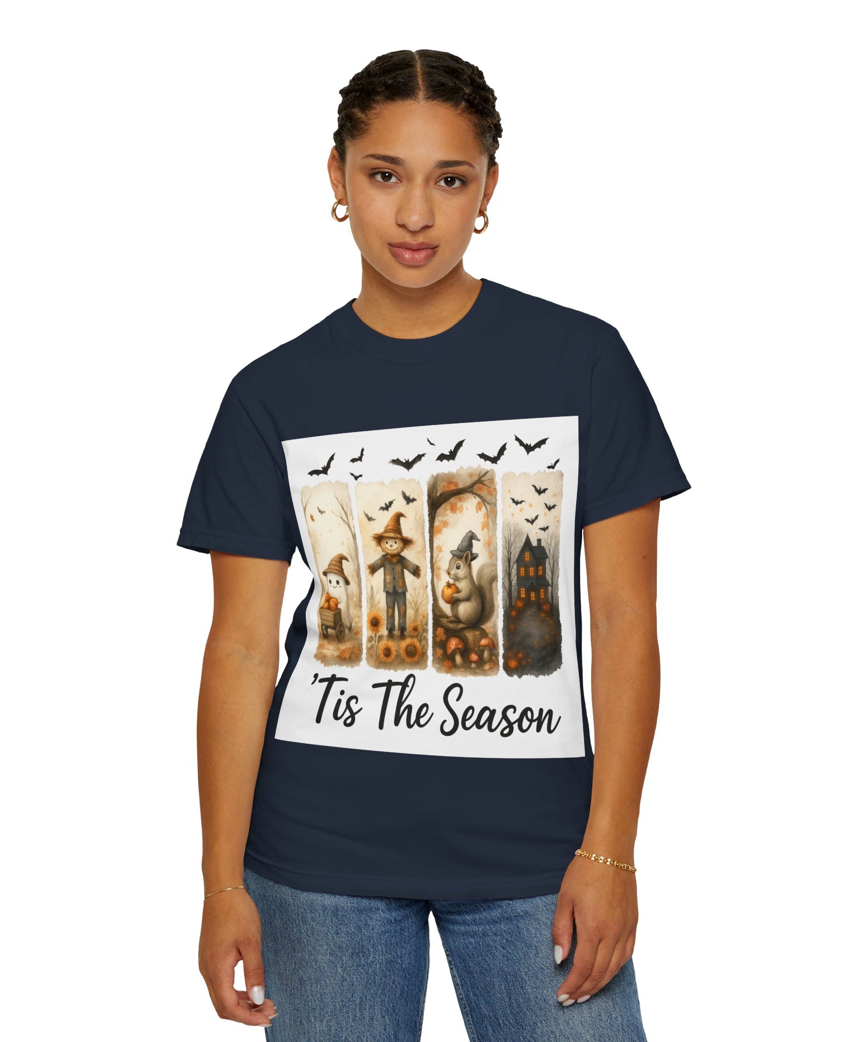 Tis The Season Fall Halloween T-Shirt – Cute Ghost, Scarecrow, Squirrel & Haunted House Design - Gallory Hive