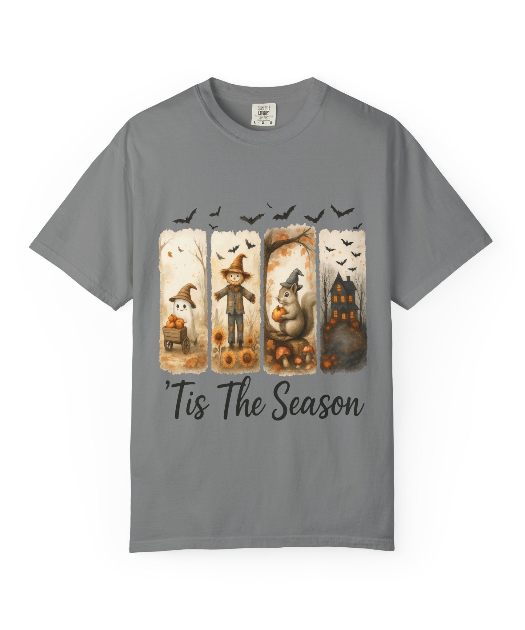 Tis The Season Fall Halloween T-Shirt – Cute Ghost, Scarecrow, Squirrel & Haunted House Design