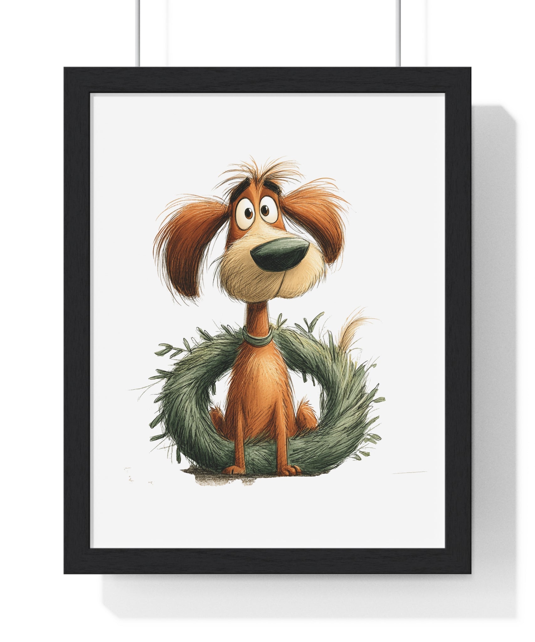 Cheerful Dog in Christmas Wreath - Framed Holiday Wall Art