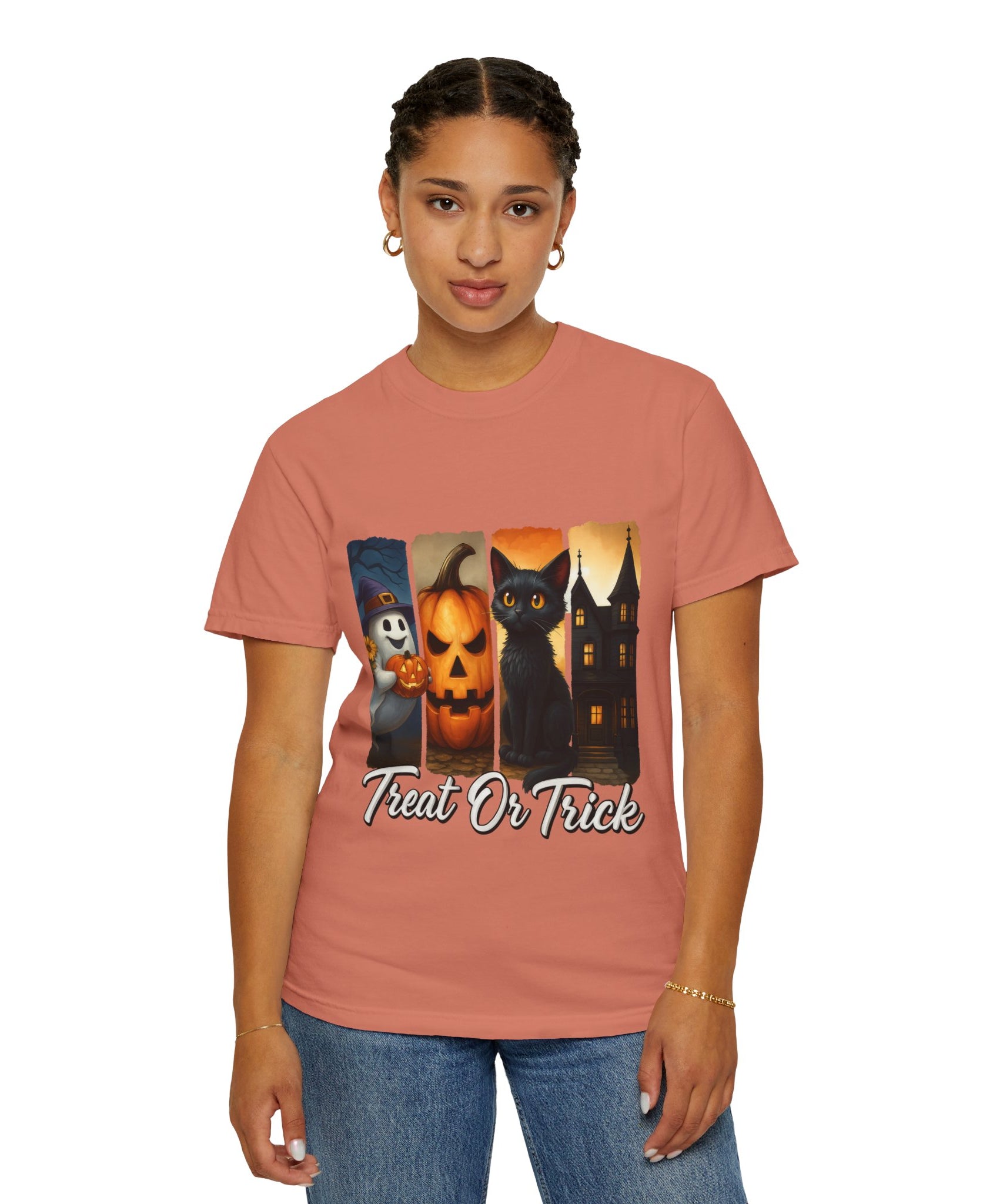 Treat Or Trick Halloween T-Shirt – Cute Ghost, Pumpkin, Black Cat & Haunted House Design - Gallory Hive
