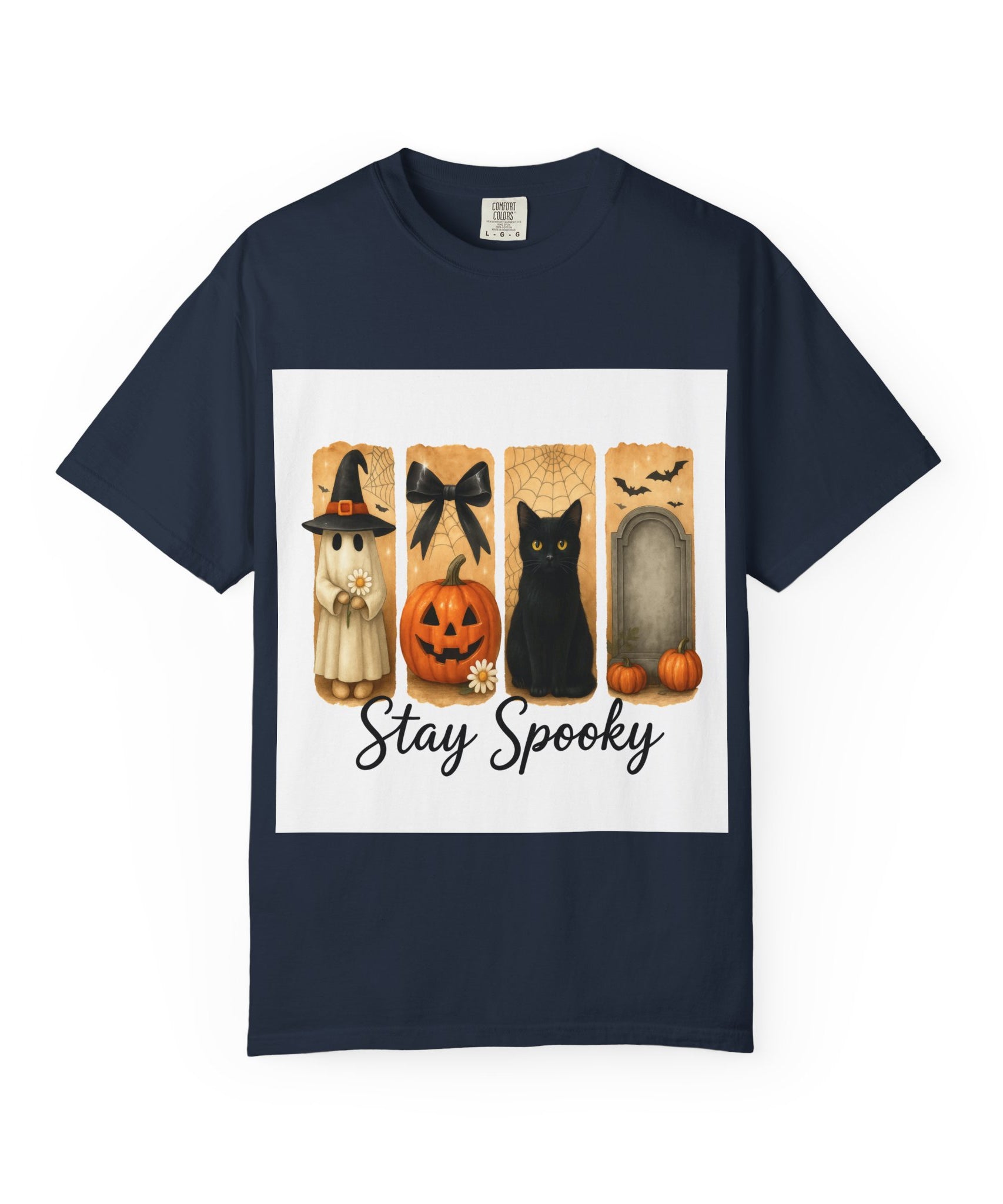 Cute Halloween T-Shirt – Ghost in Witch Hat, Pumpkin, Black Cat & Tombstone Design - Gallory Hive
