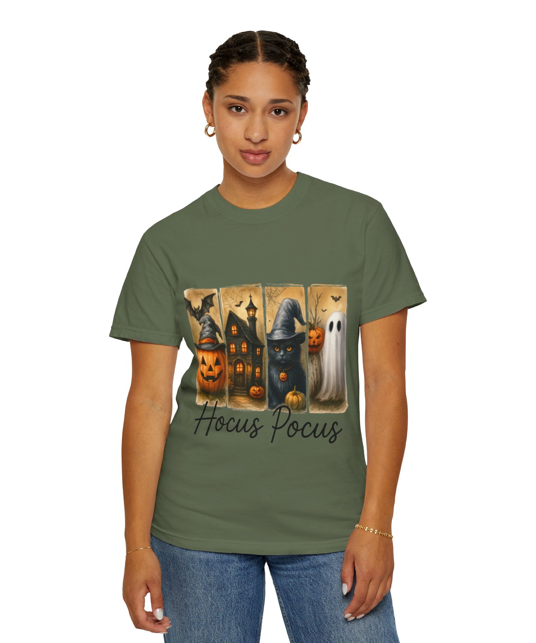 Hocus Pocus Halloween Unisex T-Shirt – Witchy Cat, Haunted House, Pumpkin & Ghost Art - Gallory Hive