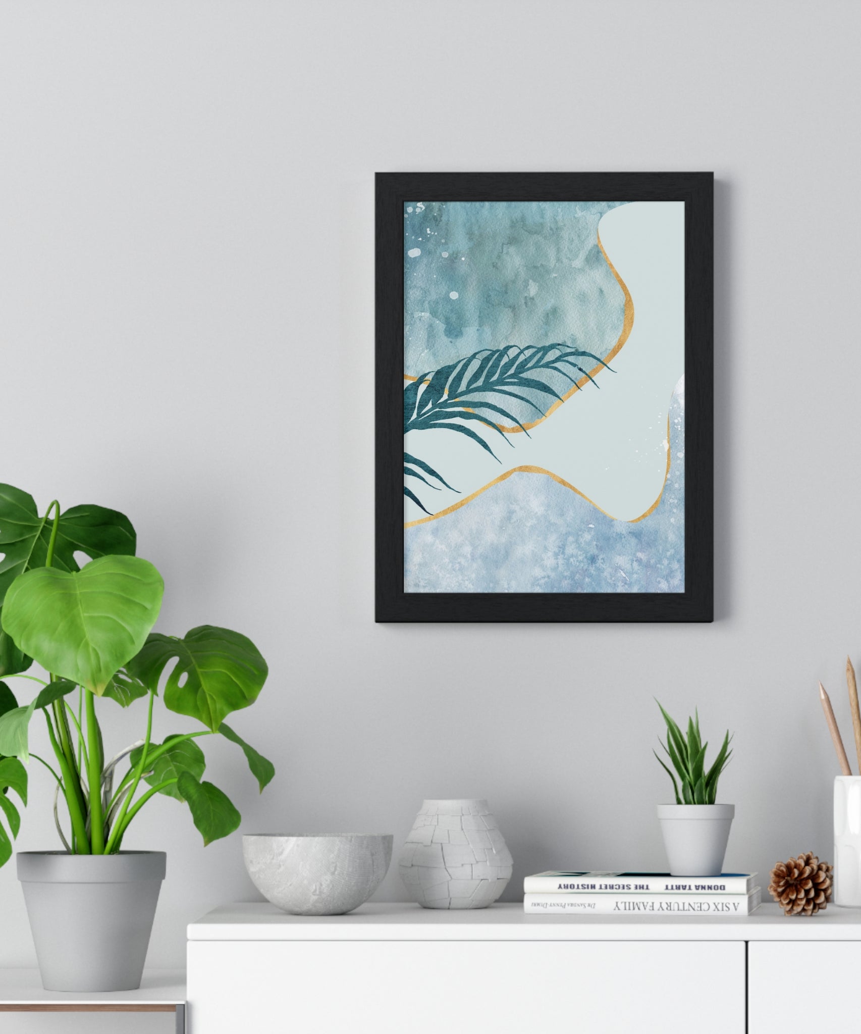 Abstract Leaf Prints on Wooden Frame – Modern Wall Art