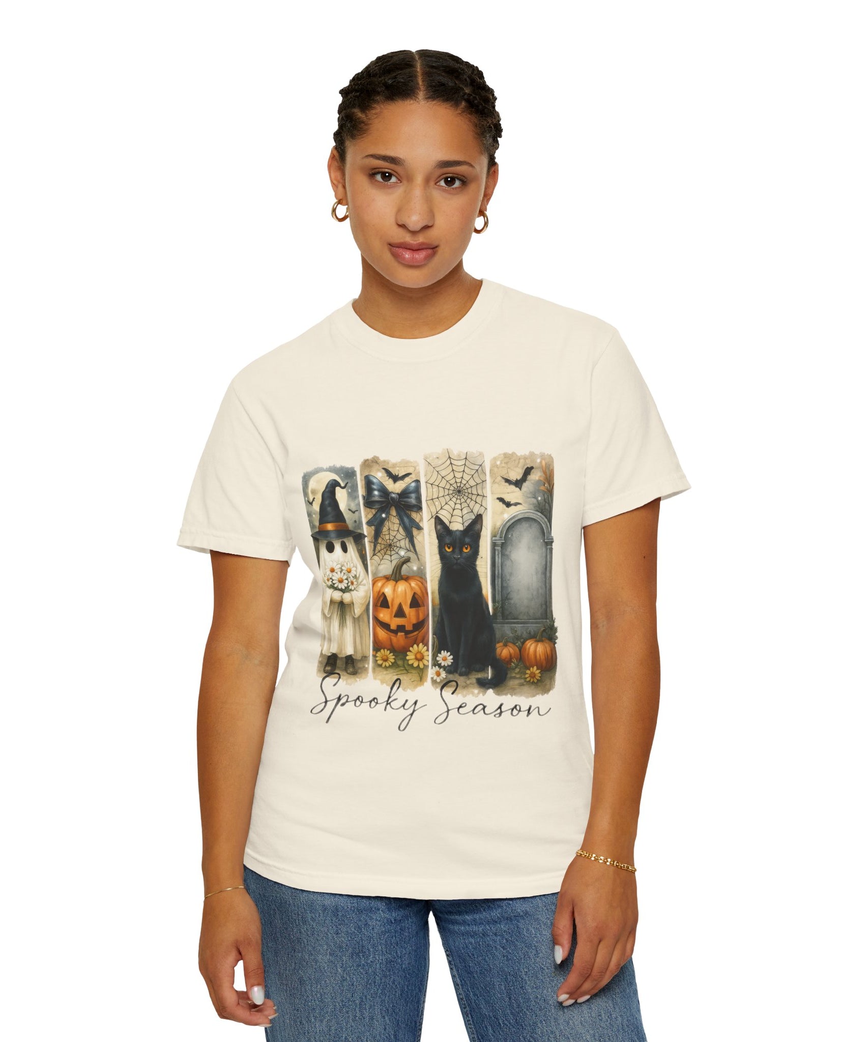 Spooky Season Halloween Unisex T-Shirt – Ghost, Black Cat & Pumpkin Design - Gallory Hive