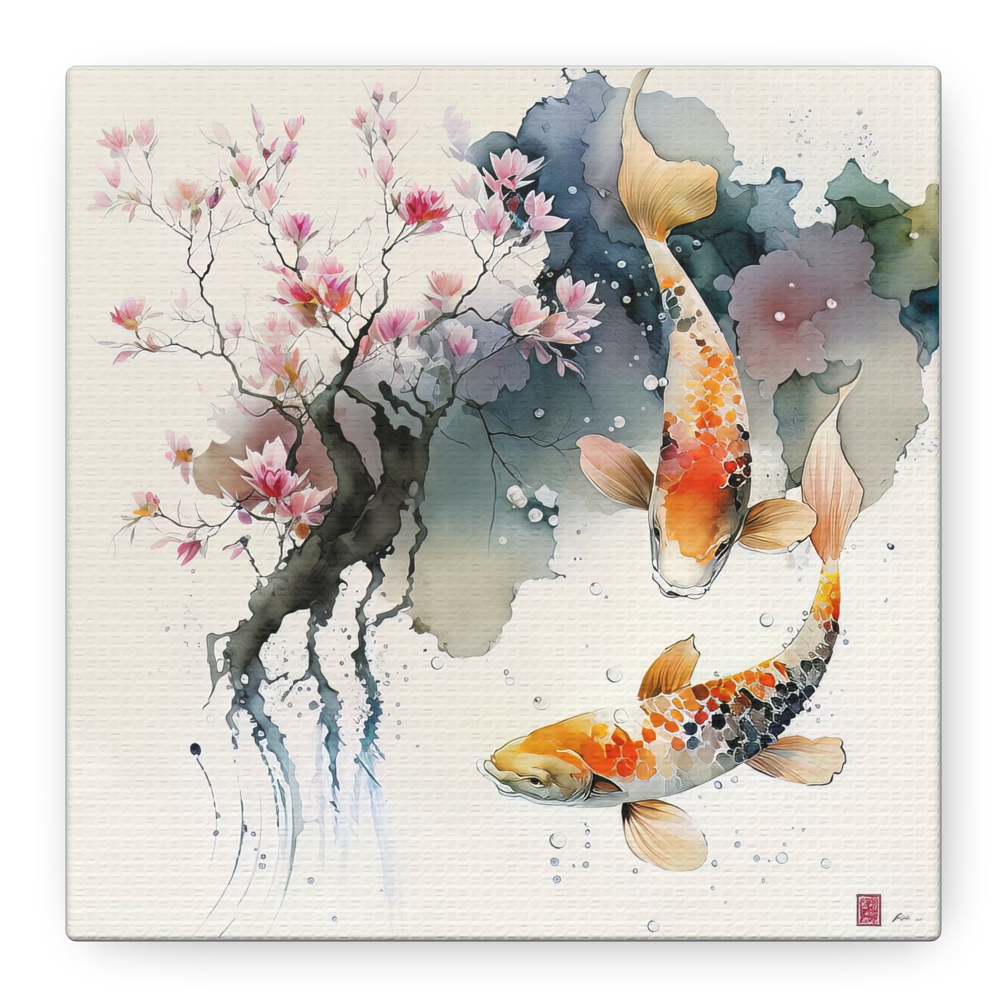 Koi Fish & Cherry Blossom Watercolor Art – Tranquil Japanese Zen Print, Floral Canvas Print, Asian-Inspired Home Decor