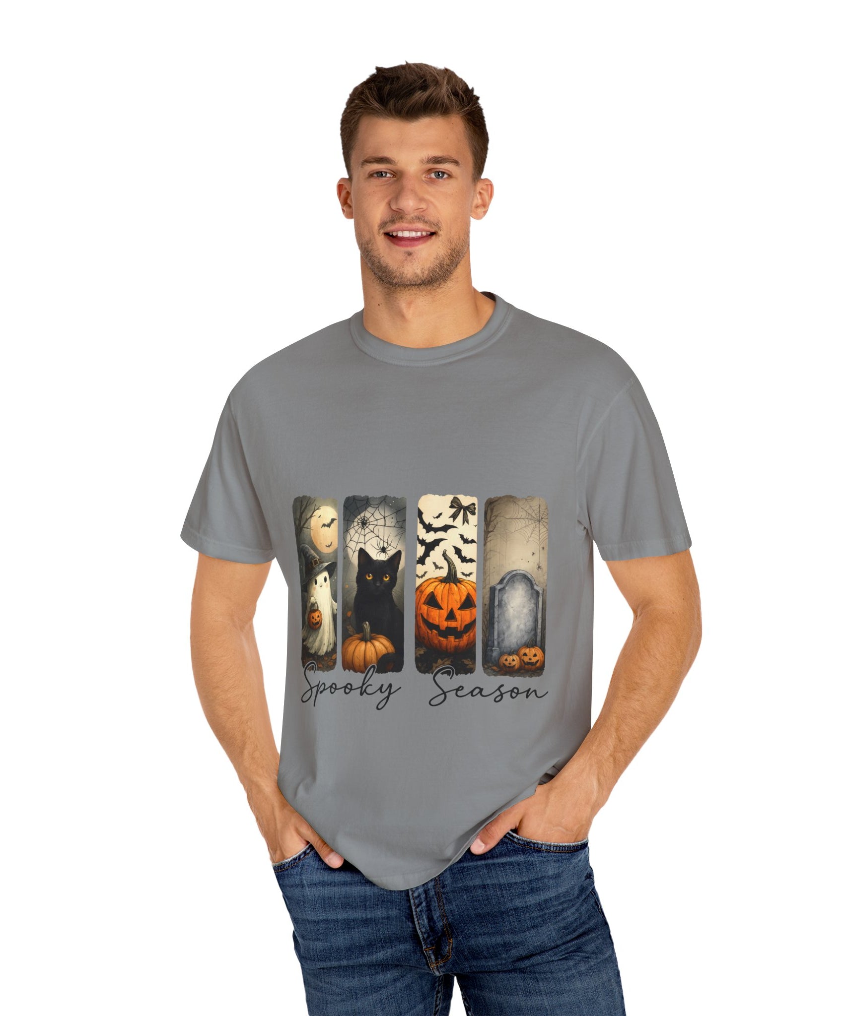 Halloween Night Unisex T-Shirt – Ghost, Black Cat, Pumpkin & Tombstone Vintage Art - Gallory Hive