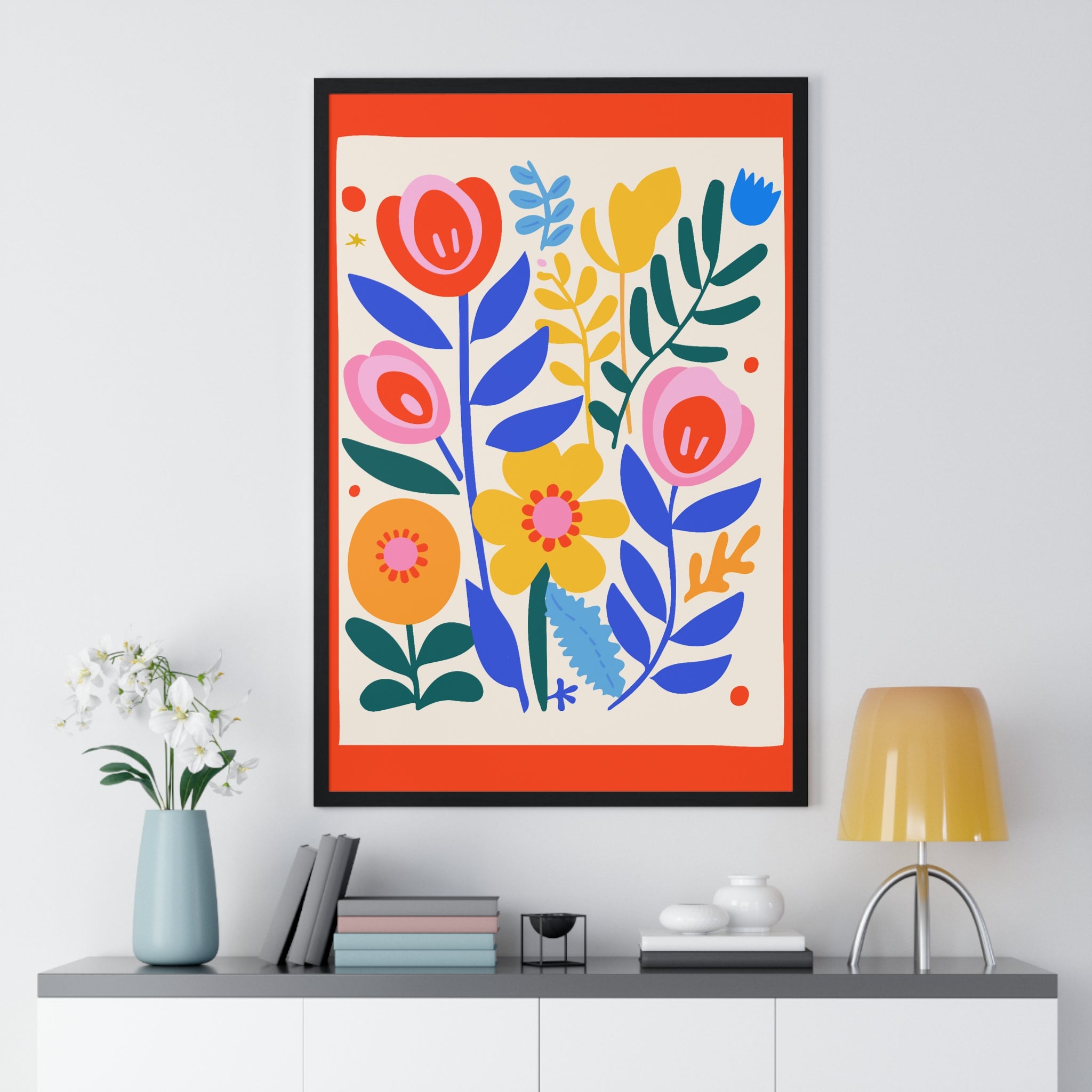 Vibrant Wildflower Art on Silver Grey Grid in Premium Frame