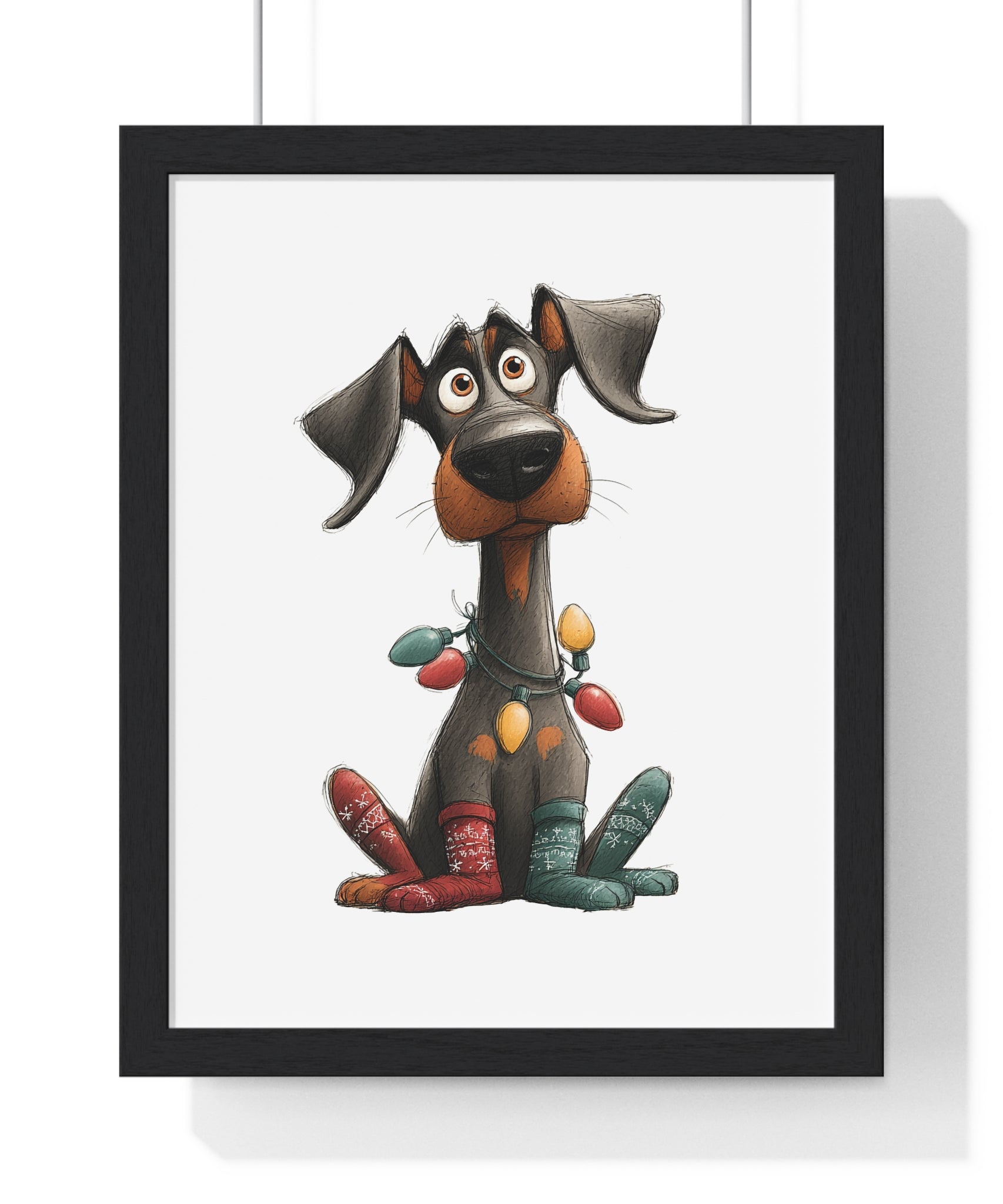 Playful Holiday Dog with Lights & Socks - Framed Christmas Wall Art