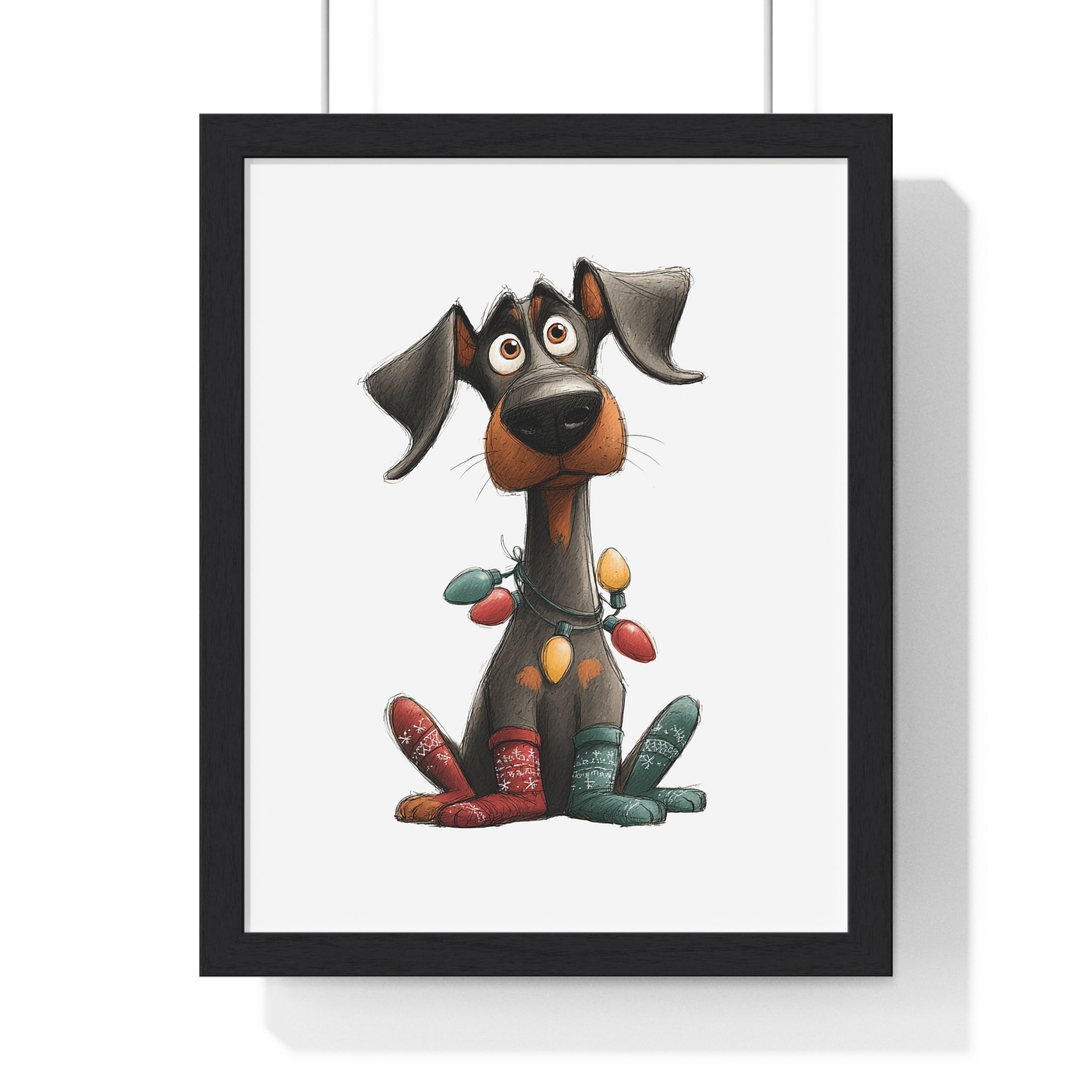 Playful Holiday Dog with Lights & Socks - Framed Christmas Wall Art
