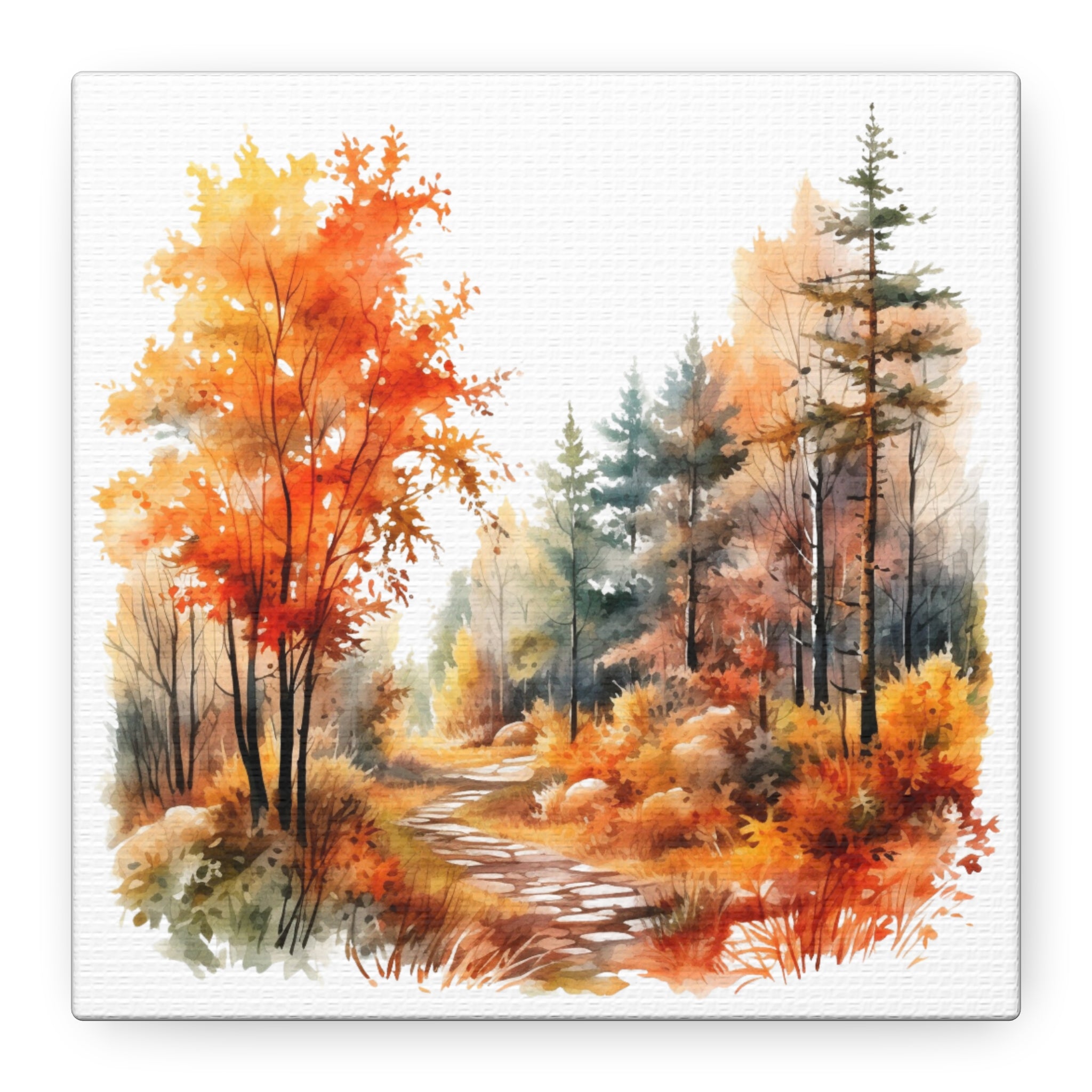 Path of Seasons – Autumn Forest Trail Watercolor on Floral Canvas Wall Art