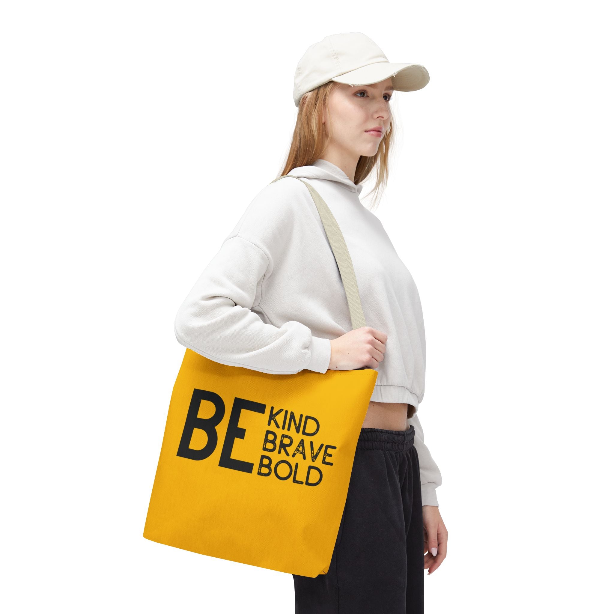 Inspirational Tote Bag - Be Kind Brave Bold - Eco-Friendly Carryall - Yellow
