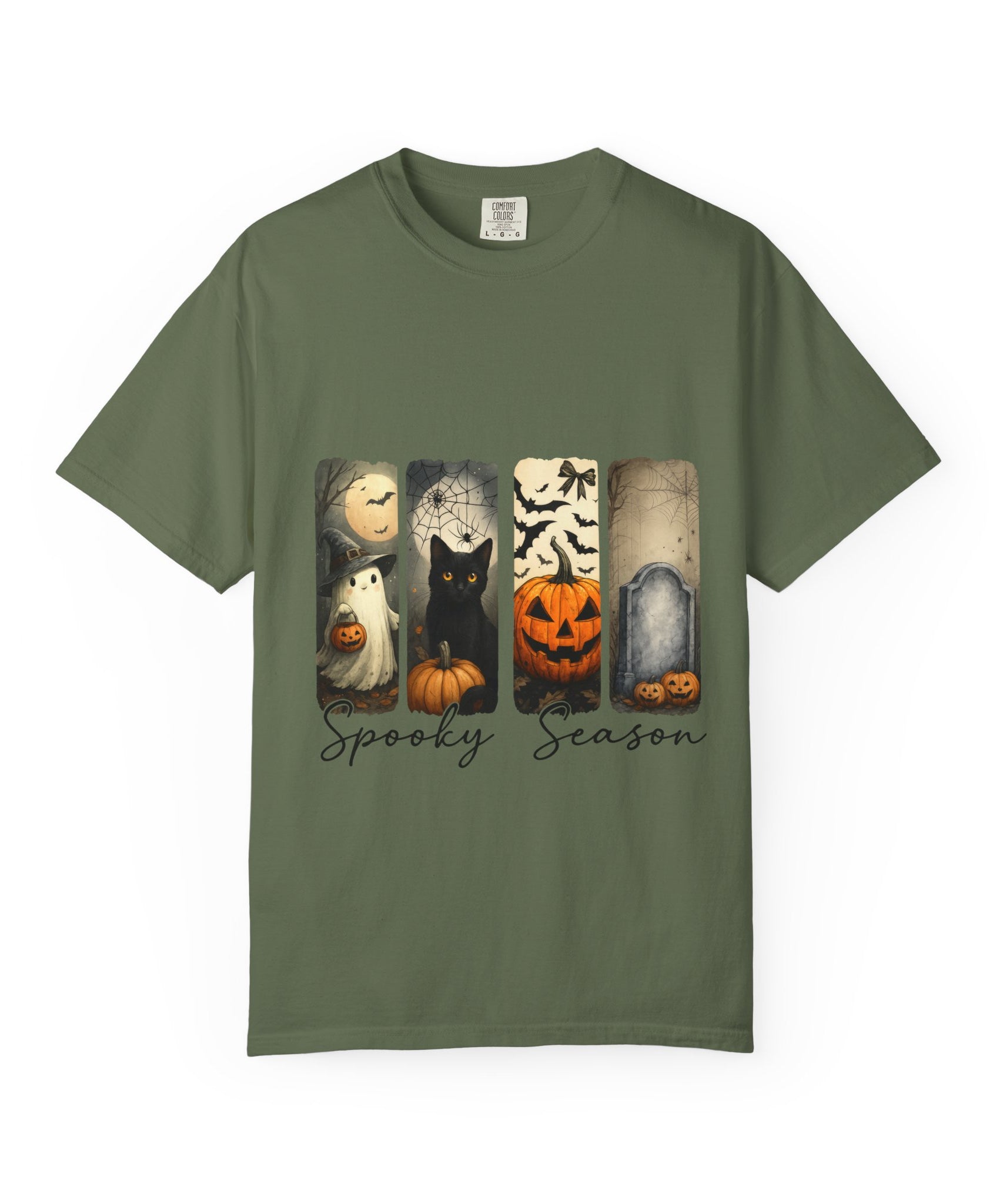 Halloween Night Unisex T-Shirt – Ghost, Black Cat, Pumpkin & Tombstone Vintage Art - Gallory Hive