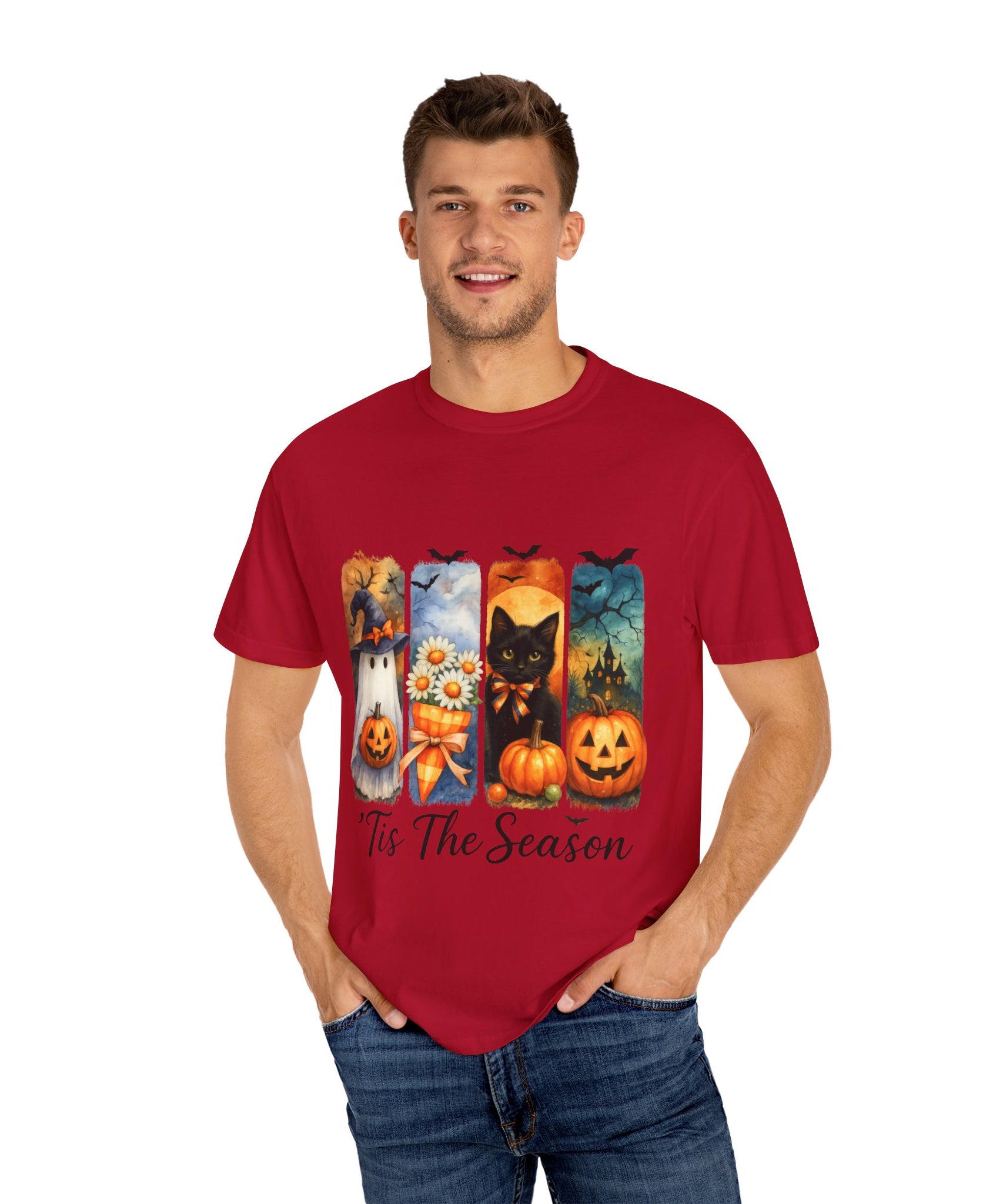 Whimsical Halloween T-Shirt – Ghost, Black Cat, Pumpkins & Haunted House Design - Gallory Hive