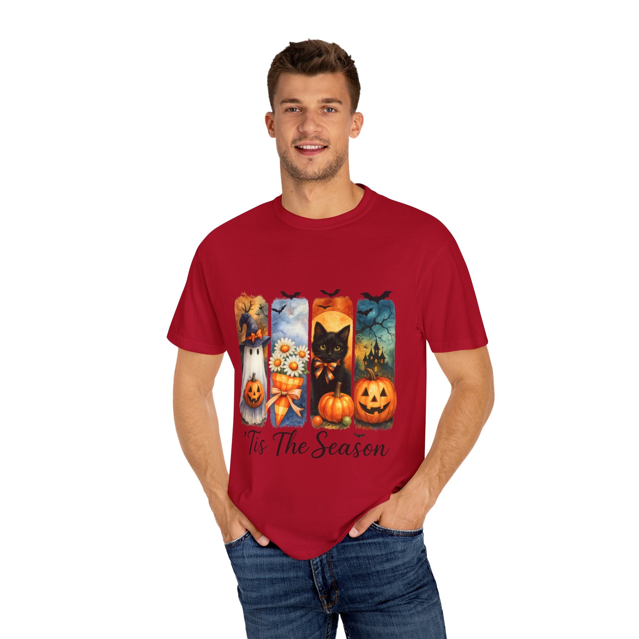 Whimsical Halloween T-Shirt – Ghost, Black Cat, Pumpkins & Haunted House Design - Gallory Hive