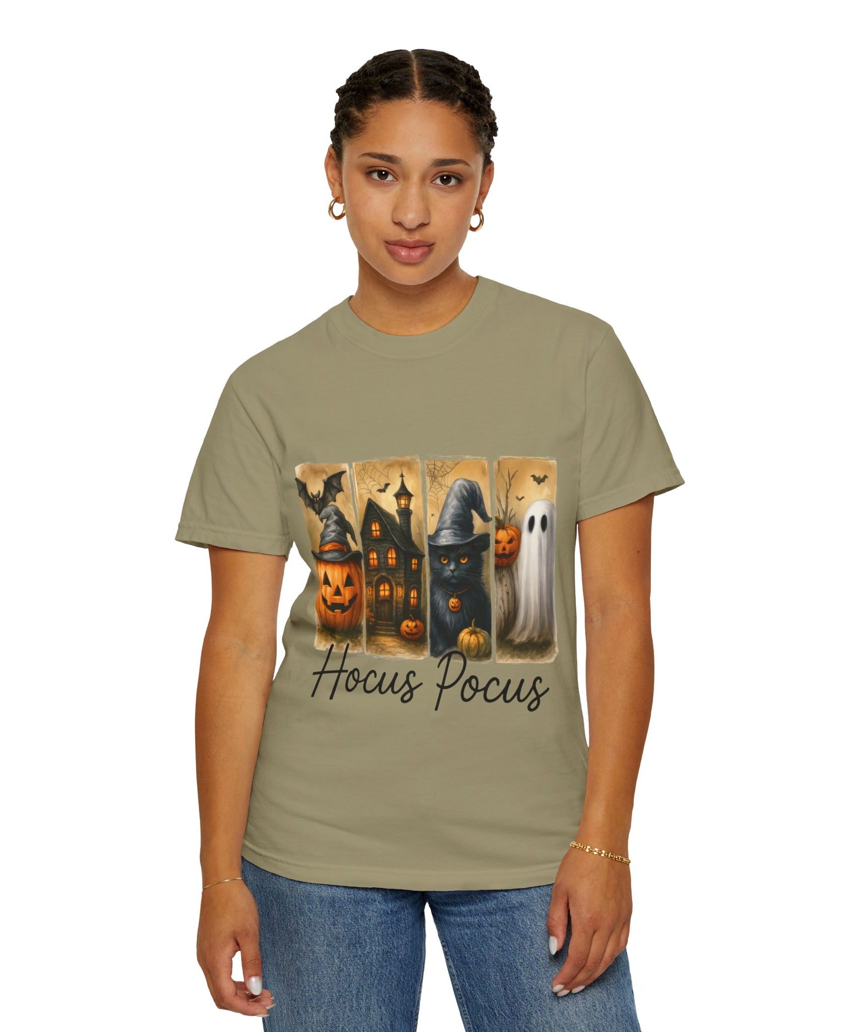 Hocus Pocus Halloween Unisex T-Shirt – Witchy Cat, Haunted House, Pumpkin & Ghost Art - Gallory Hive