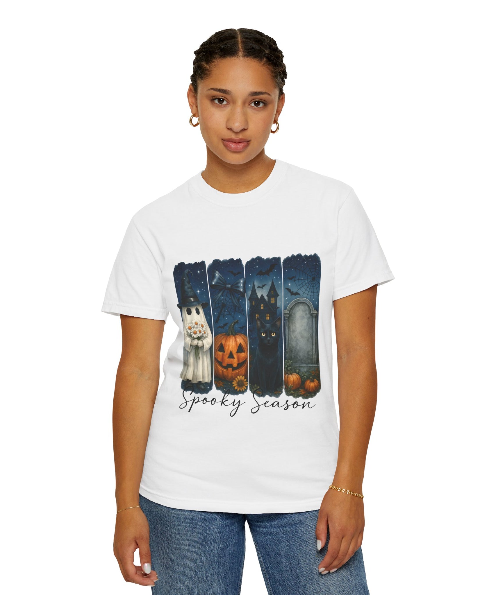 Spooky Season Halloween T-Shirt – Ghost, Black Cat, Pumpkin & Haunted House Design - Gallory Hive