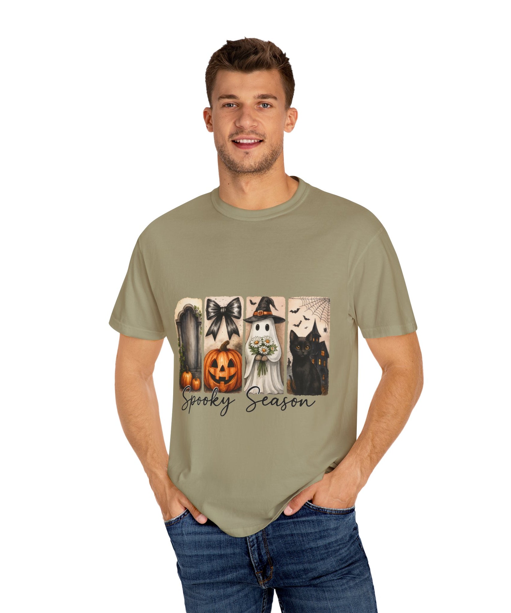 Spooky Season Unisex Halloween T-Shirt – Ghost, Black Cat, Pumpkin & Haunted House Art - Gallory Hive