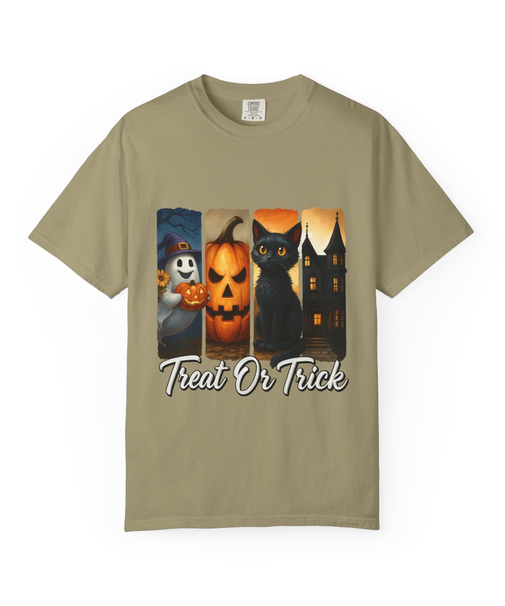 Treat Or Trick Halloween T-Shirt – Cute Ghost, Pumpkin, Black Cat & Haunted House Design - Gallory Hive