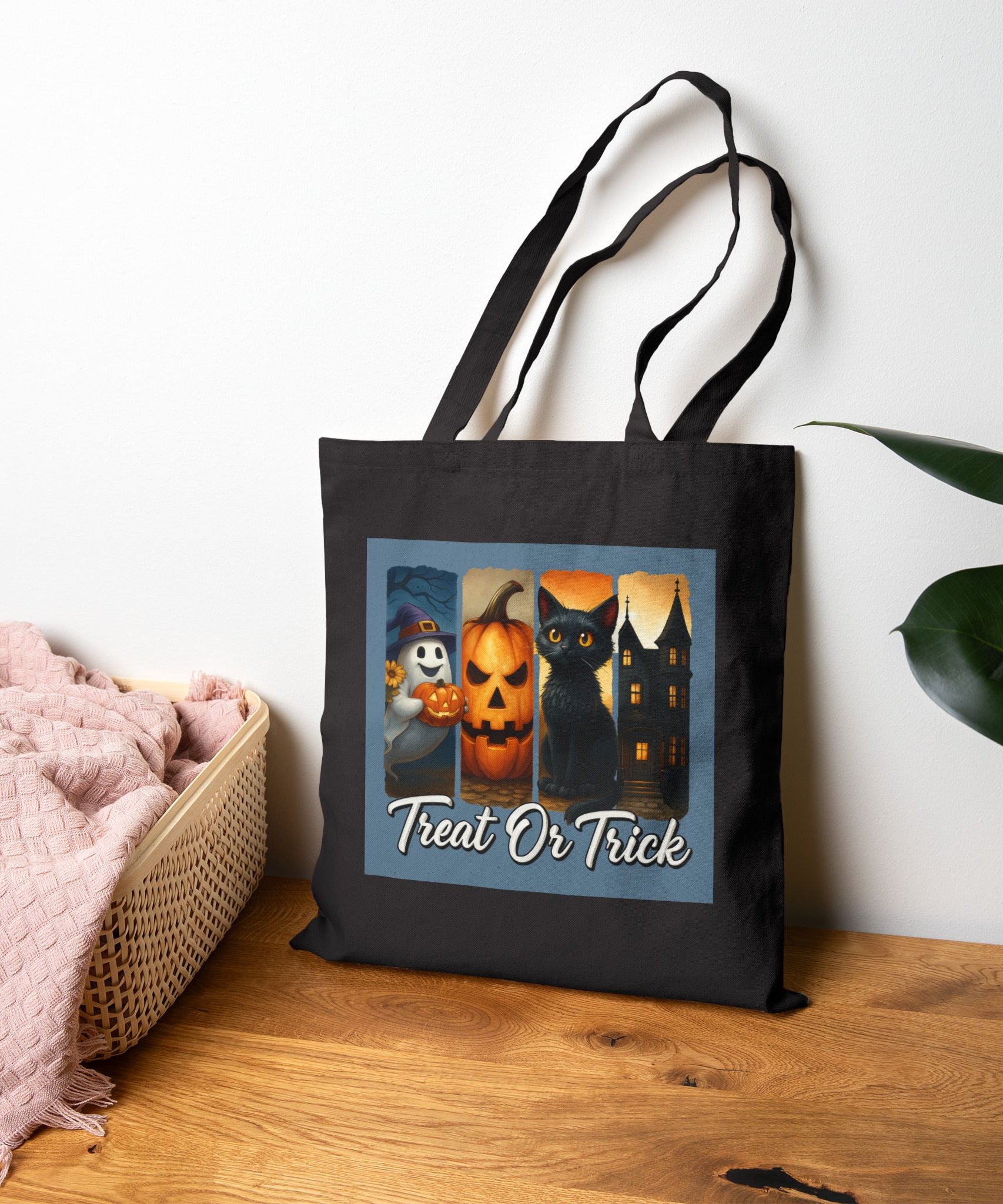 Halloween Tote Bag, Treat or Trick Cotton Bag, Spooky Season Reusable Shopper, Autumn Gift, Haunted House Tote, Cat Lover's Bag - Gallory Hive