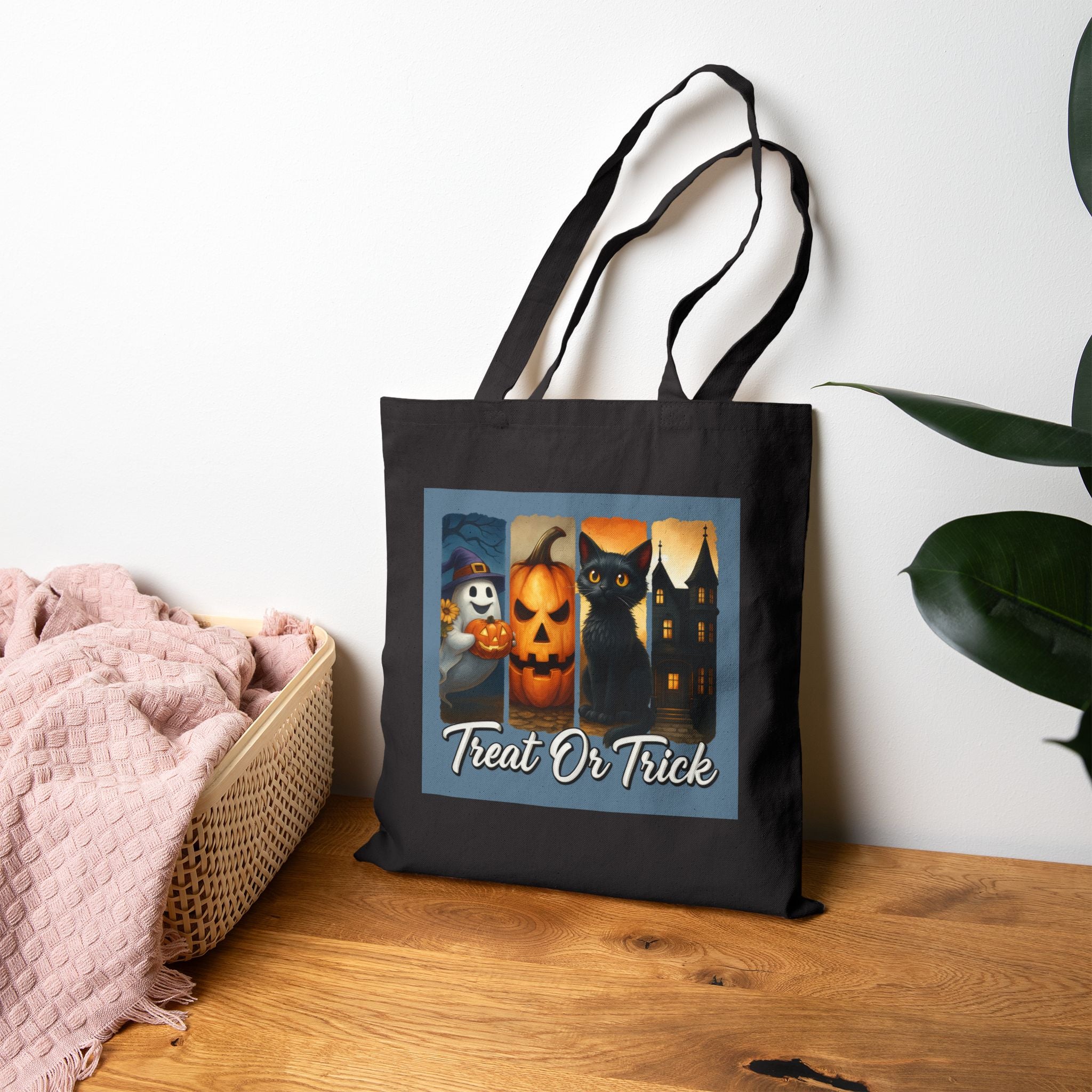 Halloween Tote Bag, Treat or Trick Cotton Bag, Spooky Season Reusable Shopper, Autumn Gift, Haunted House Tote, Cat Lover's Bag - Gallory Hive