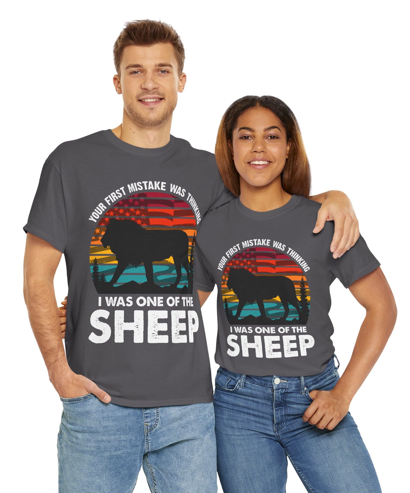 Bold Lion Tee with USA Flag Sunset