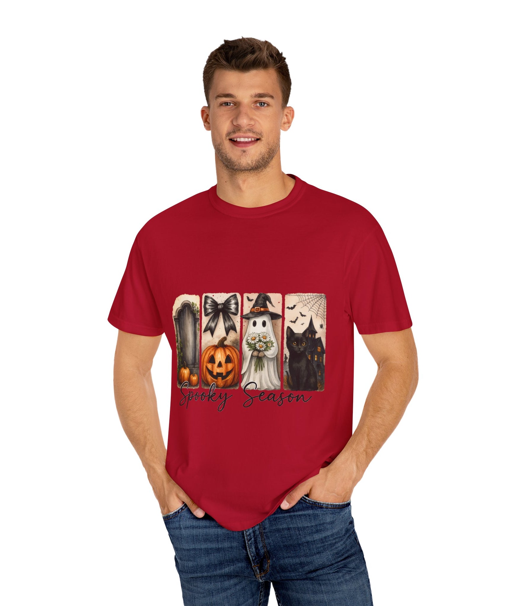 Spooky Season Unisex Halloween T-Shirt – Ghost, Black Cat, Pumpkin & Haunted House Art - Gallory Hive