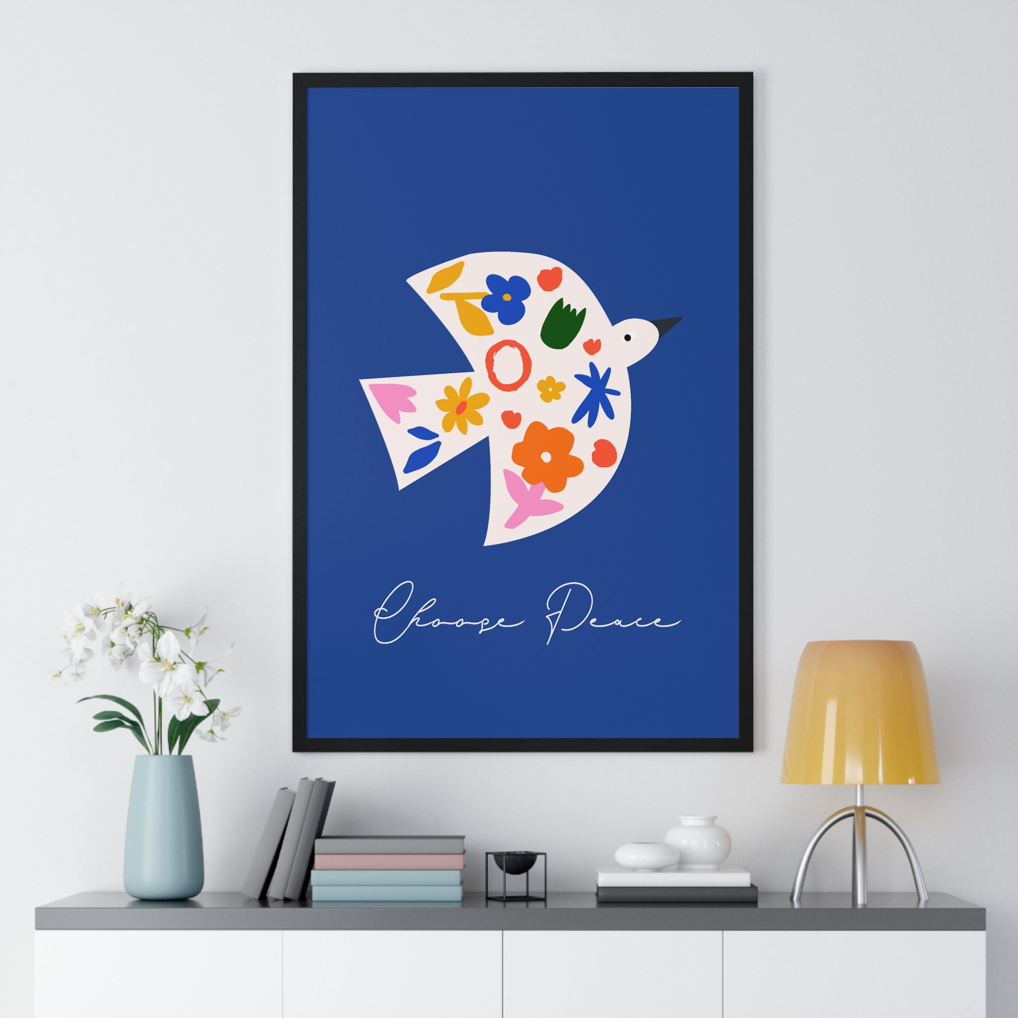 Colorful Peace Bird with Flowers Art in Premium Wood Frame