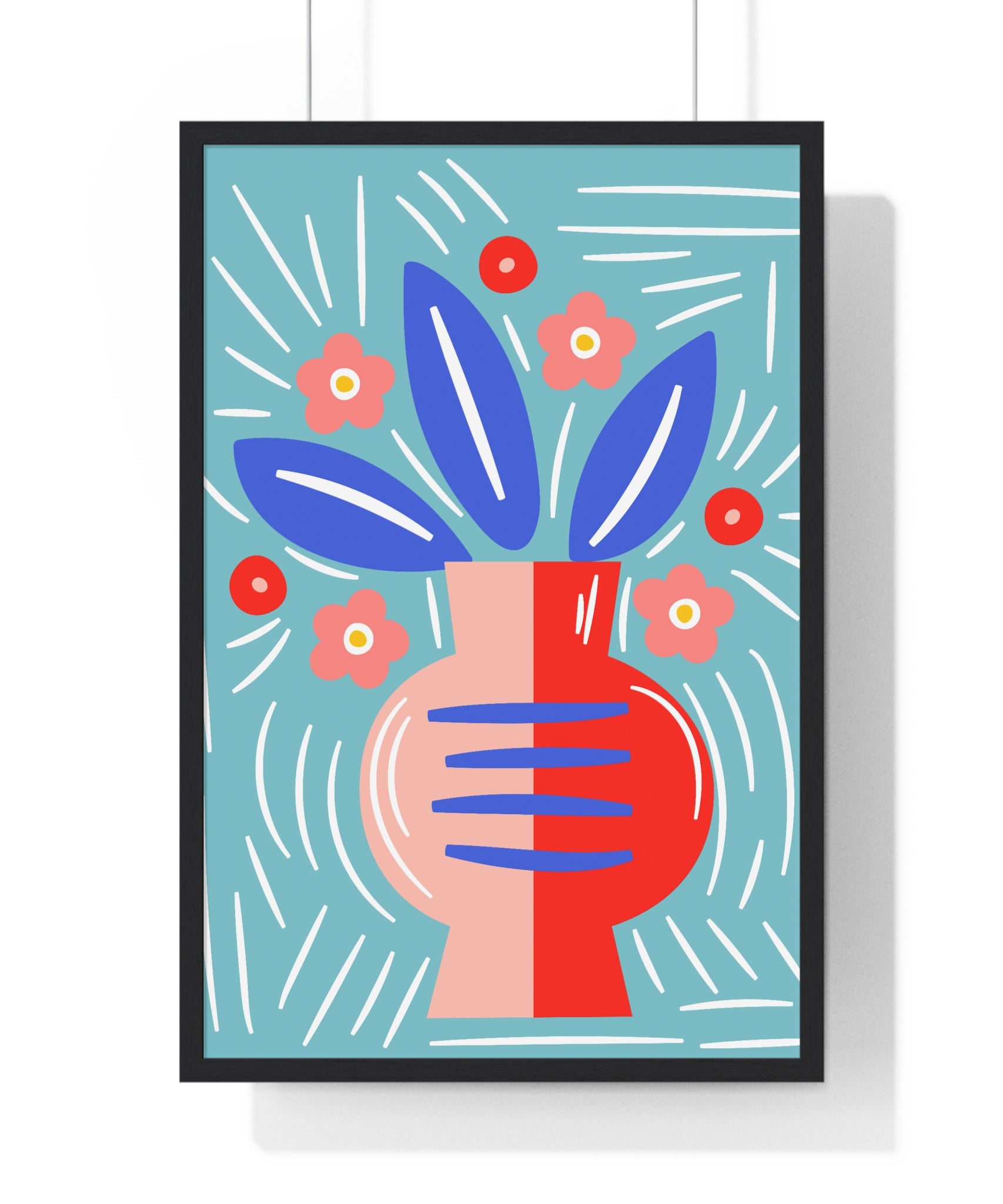 Vibrant Floral Vase Art with Blue Leaves in Premium Frame