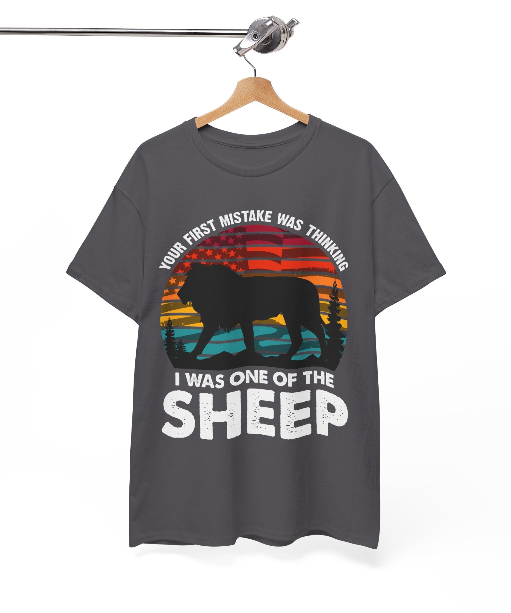 Bold Lion Tee with USA Flag Sunset