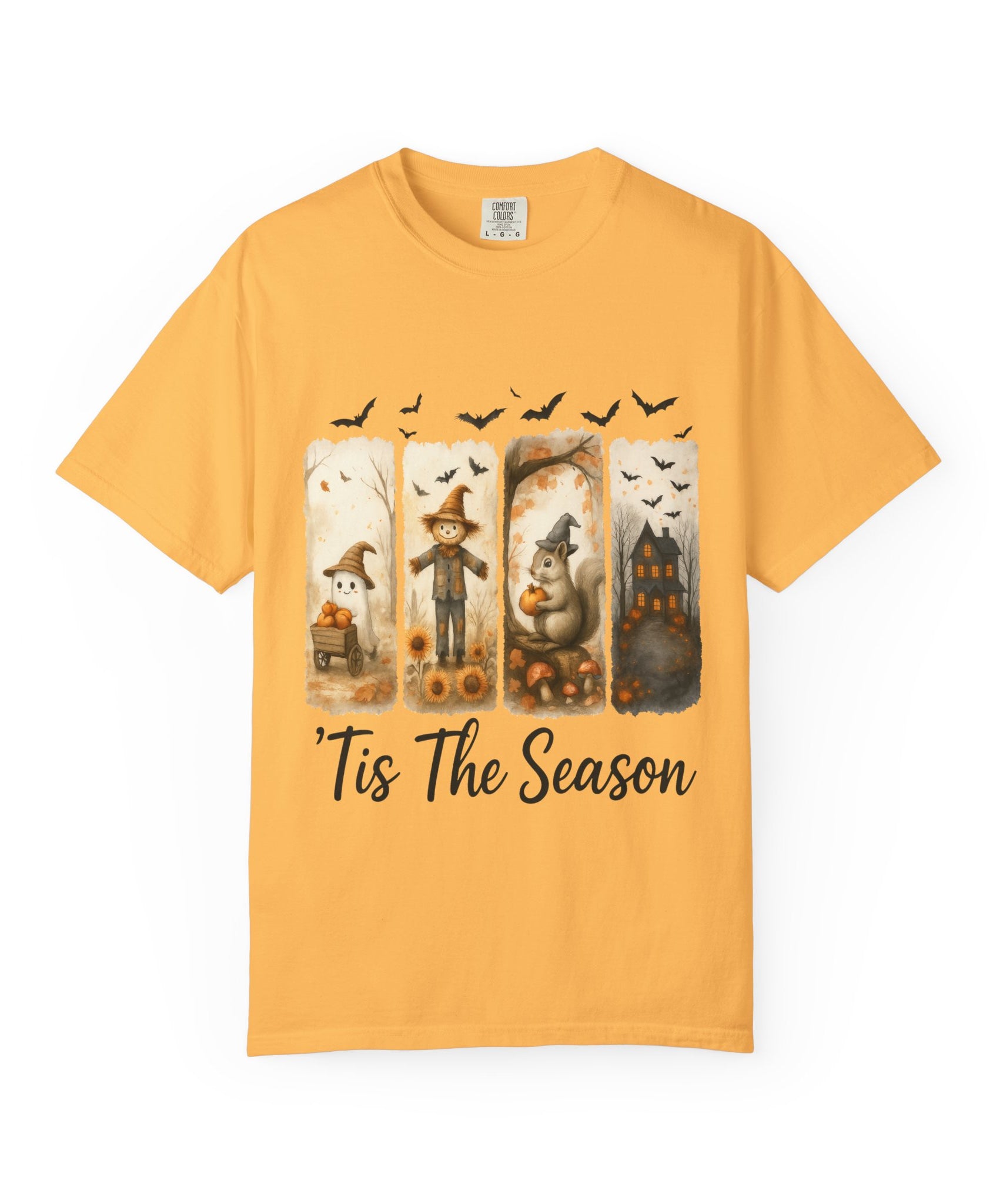 Tis The Season Fall Halloween T-Shirt – Cute Ghost, Scarecrow, Squirrel & Haunted House Design - Gallory Hive