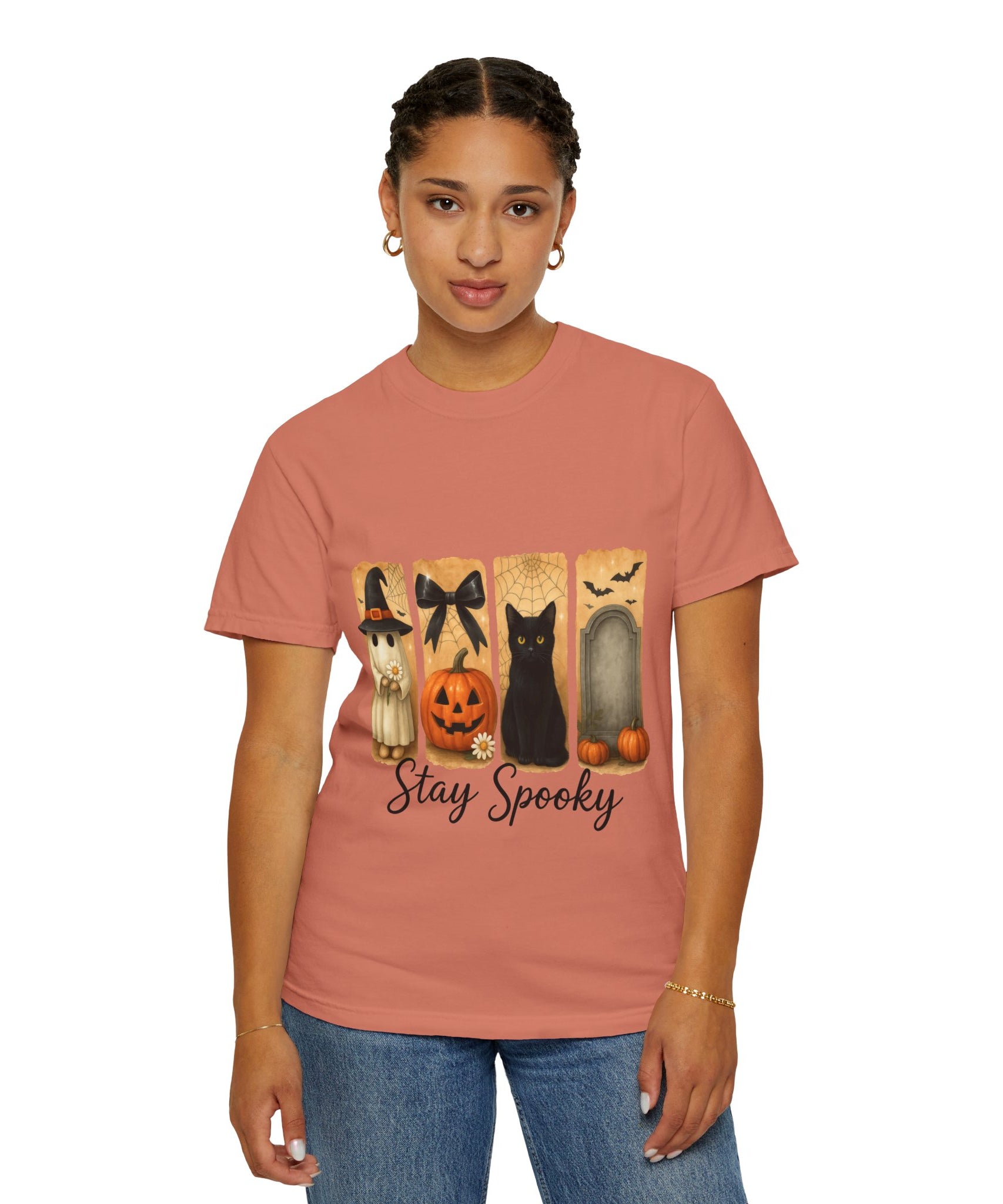 Cute Halloween T-Shirt – Ghost in Witch Hat, Pumpkin, Black Cat & Tombstone Design - Gallory Hive