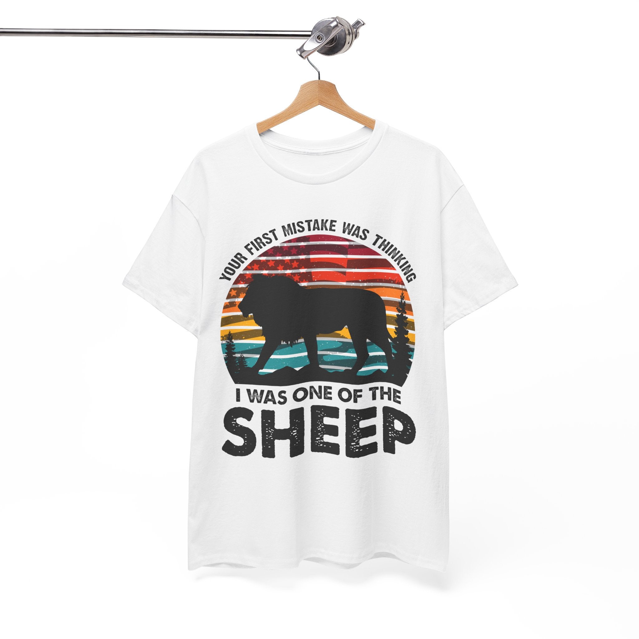 Bold Lion Tee with USA Flag Sunset