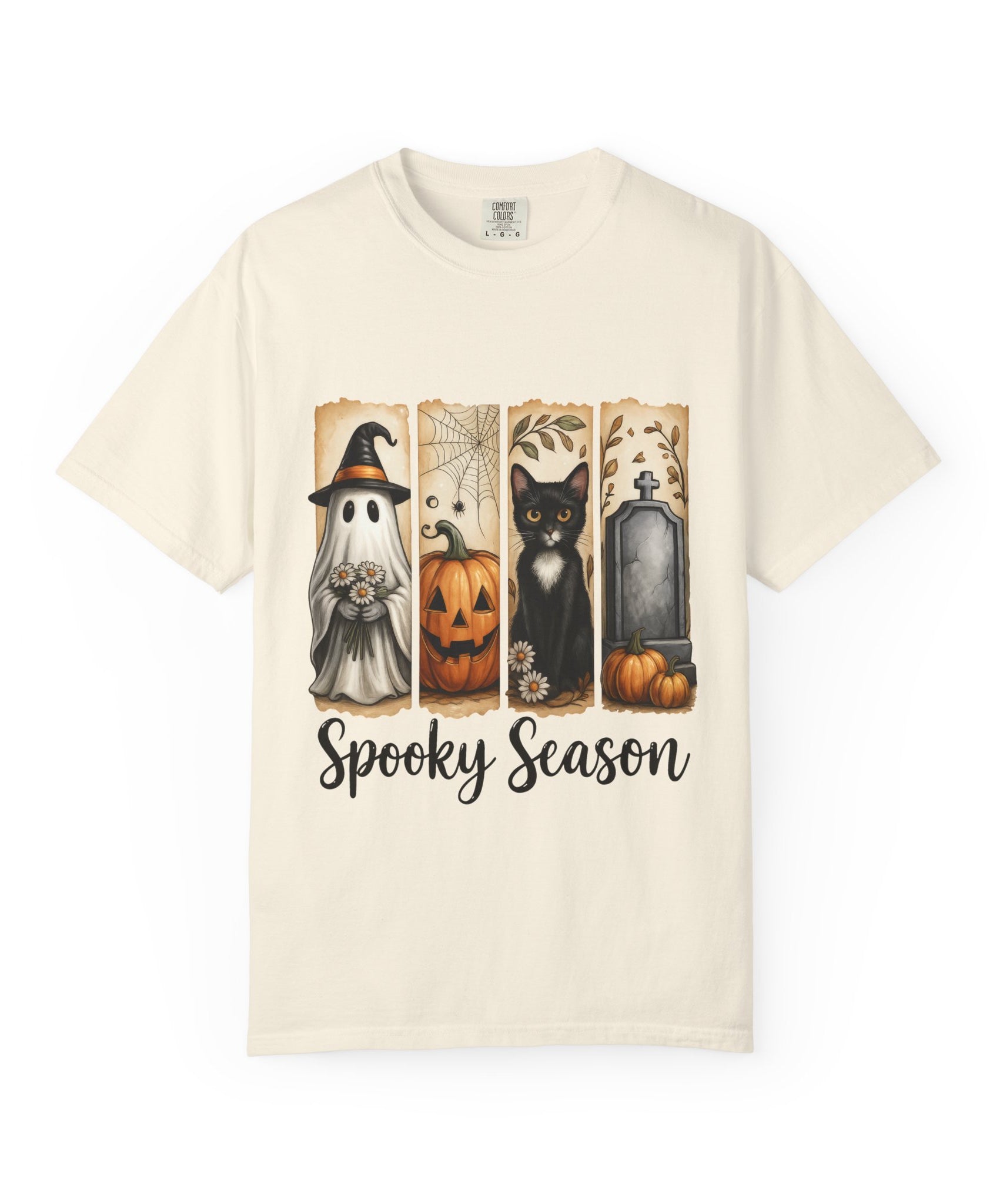 Spooky Season Halloween Unisex T-Shirt – Ghost, Cat & Pumpkin Design - Gallory Hive