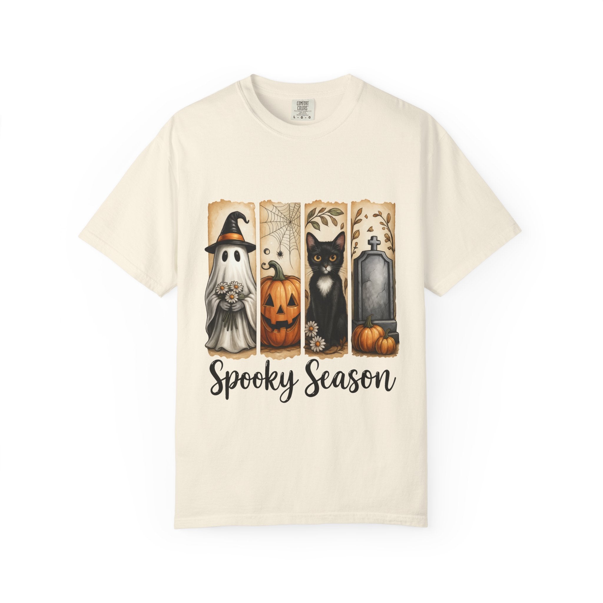 Spooky Season Halloween Unisex T-Shirt – Ghost, Cat & Pumpkin Design - Gallory Hive