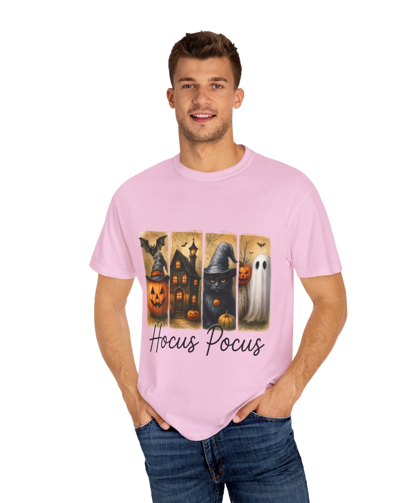 Hocus Pocus Halloween Unisex T-Shirt – Witchy Cat, Haunted House, Pumpkin & Ghost Art - Gallory Hive