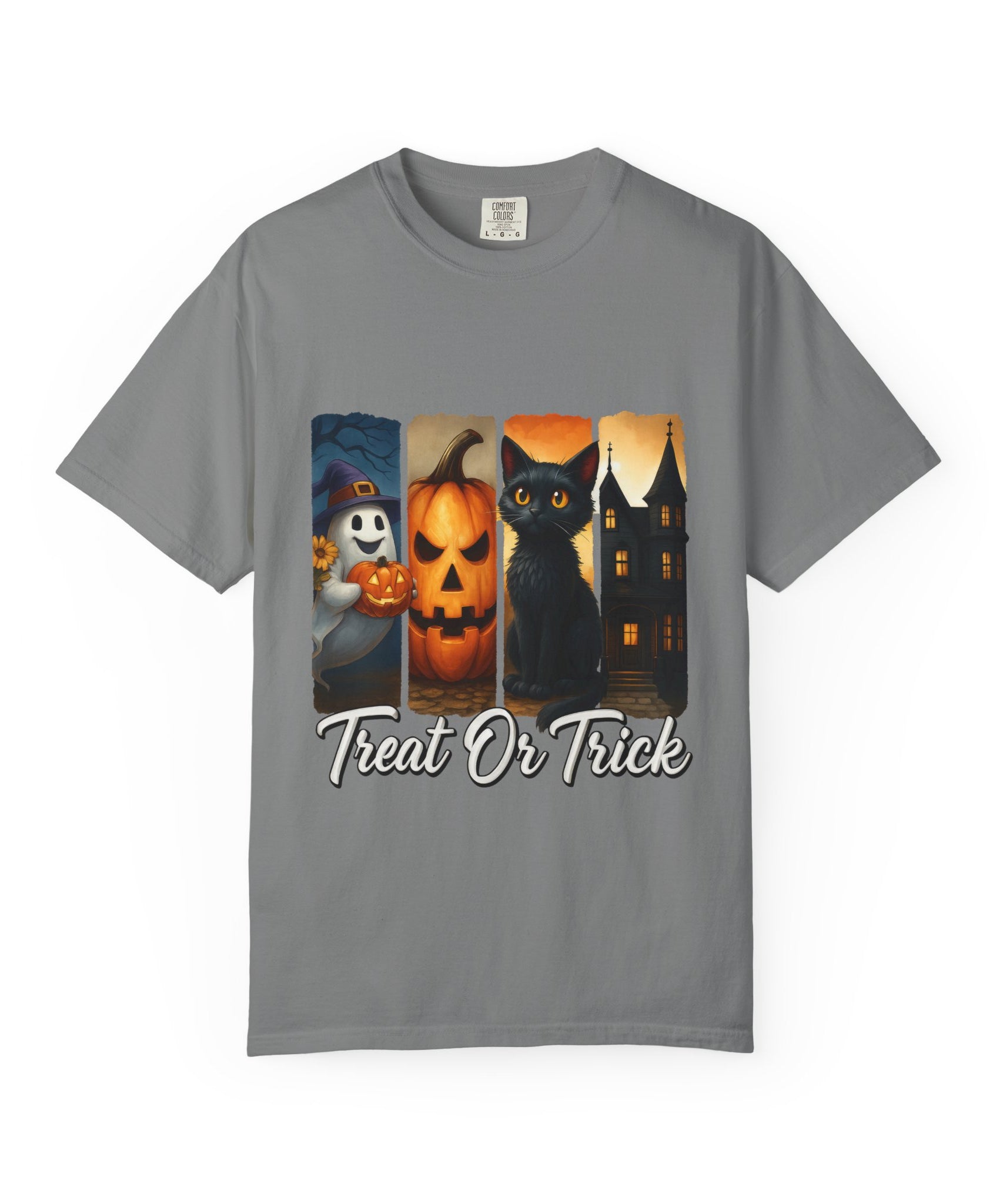 Treat Or Trick Halloween T-Shirt – Cute Ghost, Pumpkin, Black Cat & Haunted House Design - Gallory Hive